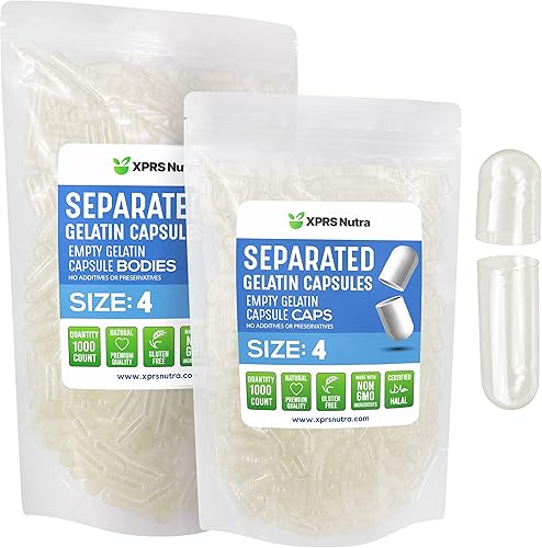 Miniatura 1 de XPRS Nutra Cápsulas separadas de gelatina tamaño 4  1000 cápsulas vacías pequeñas separadas en bolsas  Cápsulas vacías transparentes  Cápsulas de