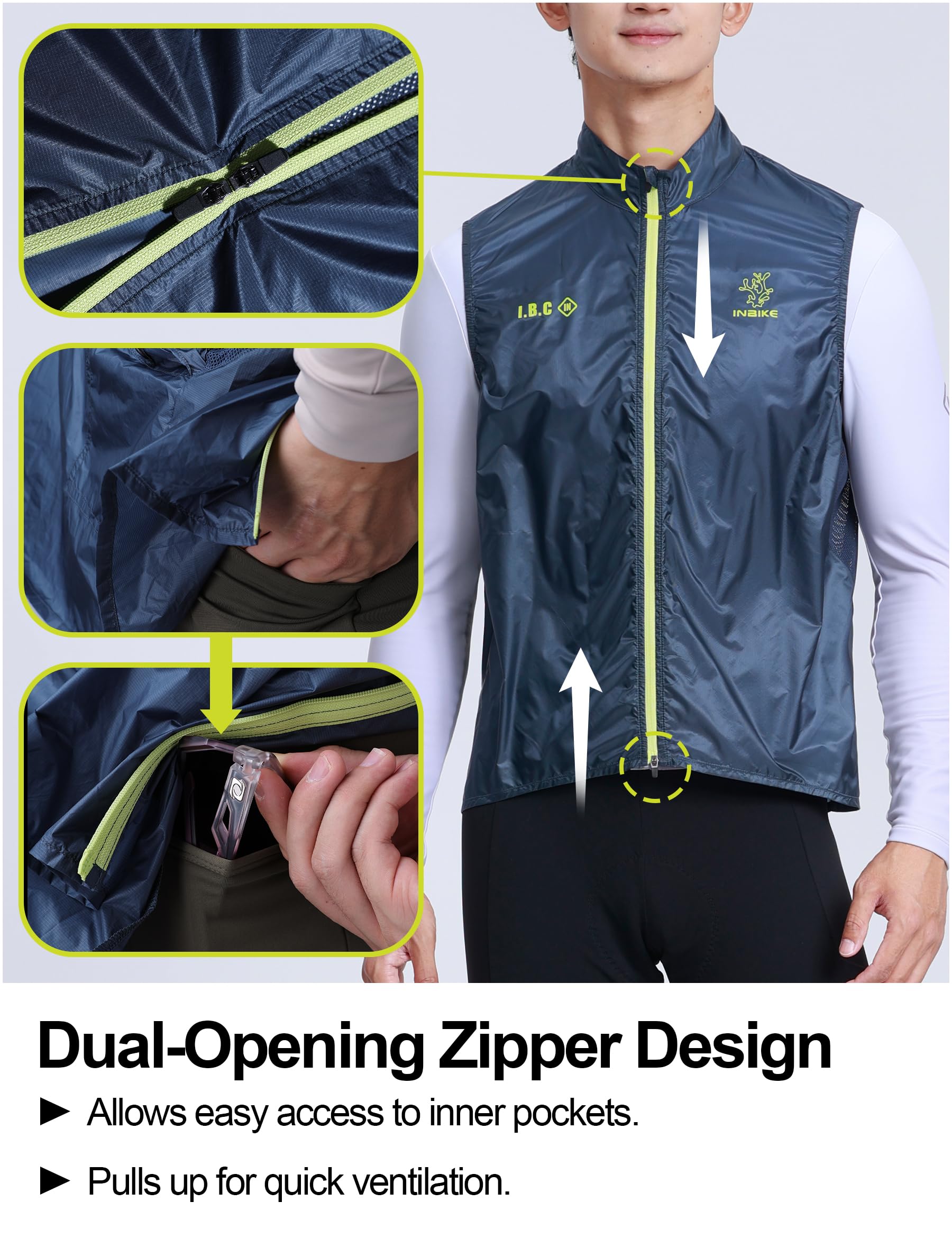 INBIKE Gilet de Cyclisme Homme léger Gilet Course Vent coupe-vent et imperméable Respirant avec Doublure en Poche de Rangement