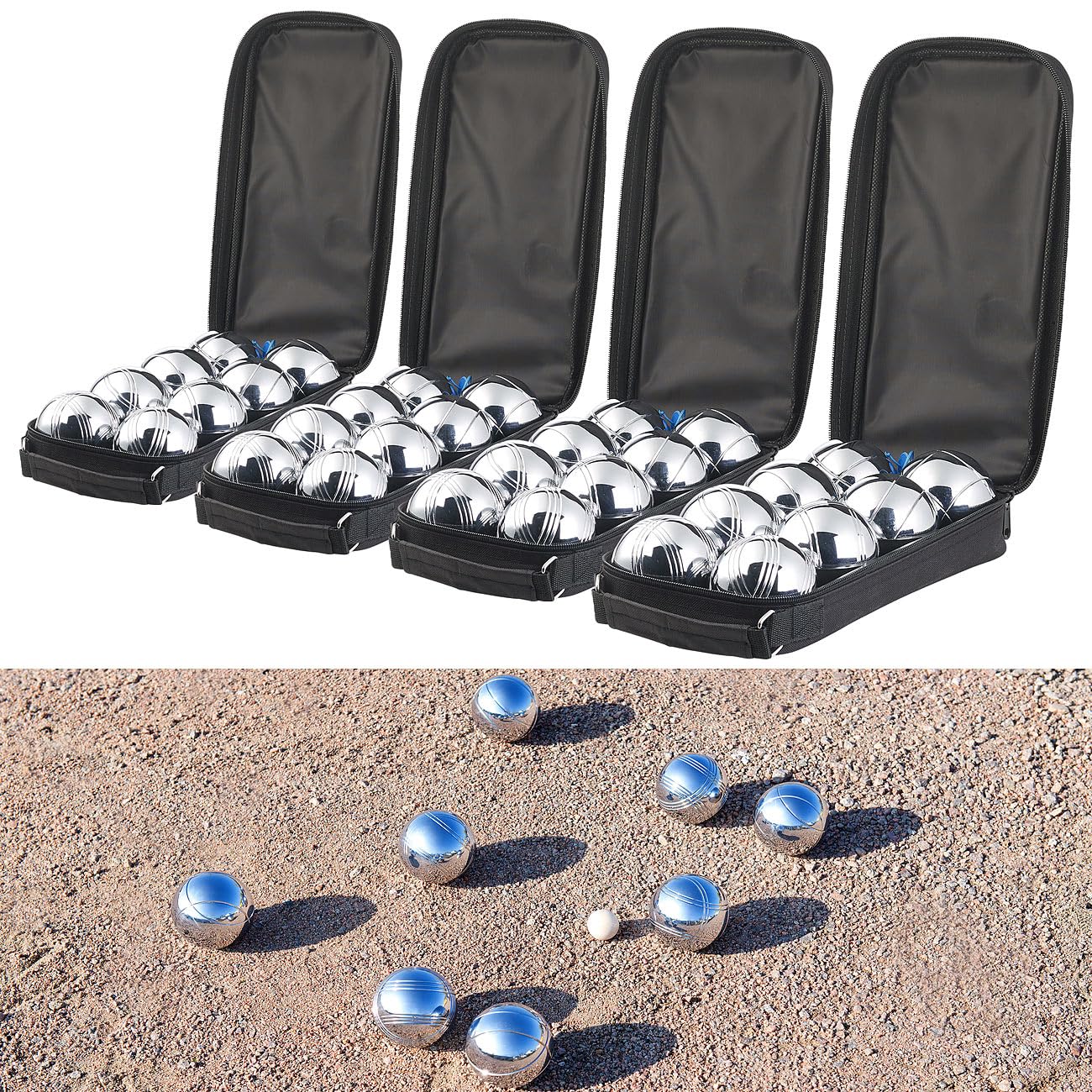 PEARL Bocciakugeln: Boule- & Boccia-Spiel: 32 Metall- und 4 Holz-Kugeln, Abstandsmesser (Bocciaspiele, Bocciakugel, Ball)
