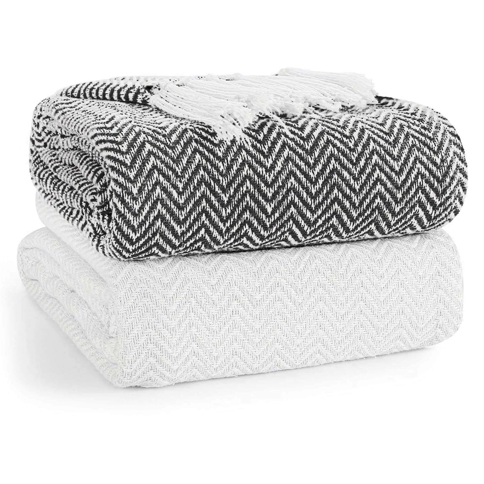 EHC PAIR Pack Chevron Cotton Throws for Sofa, Chair Blanket 127 x 152cm (Pack of 2) - Ivory/Black