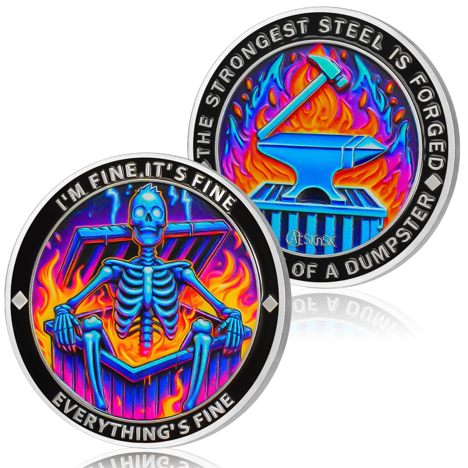 Purple Flame Skeleton Dumpster Fire Coin, I'm FINE Dumpster Fire Challenge Coin, Funny Office Desk Accessories