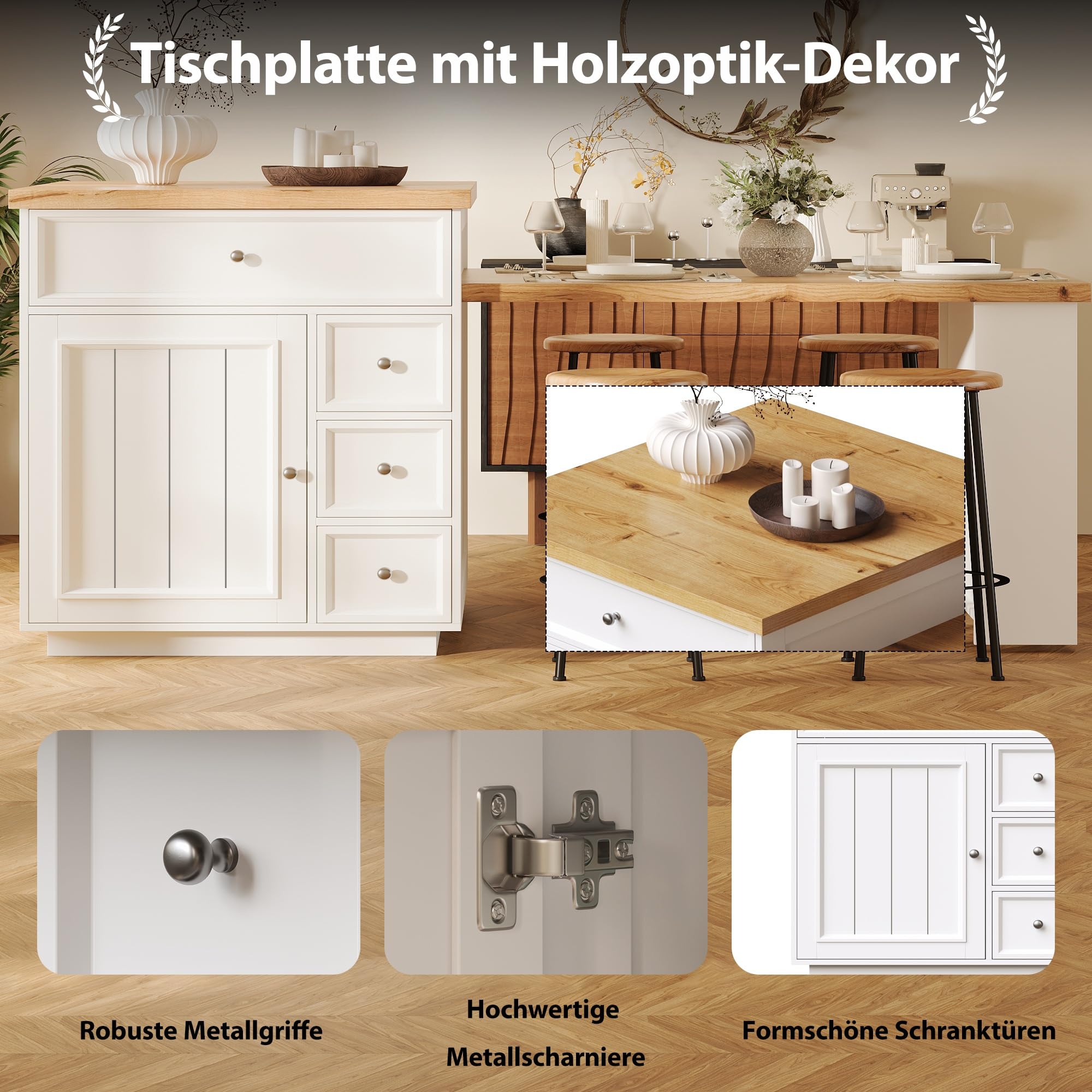Ausziehbare Kücheninsel (120-184 cm) mit Schubladen und Rollen, fahrbare mit Holzoptik-Tischplatte, Vielseitige Thekeninsel für Küche, Esszimmer & Bartresen, Weiß