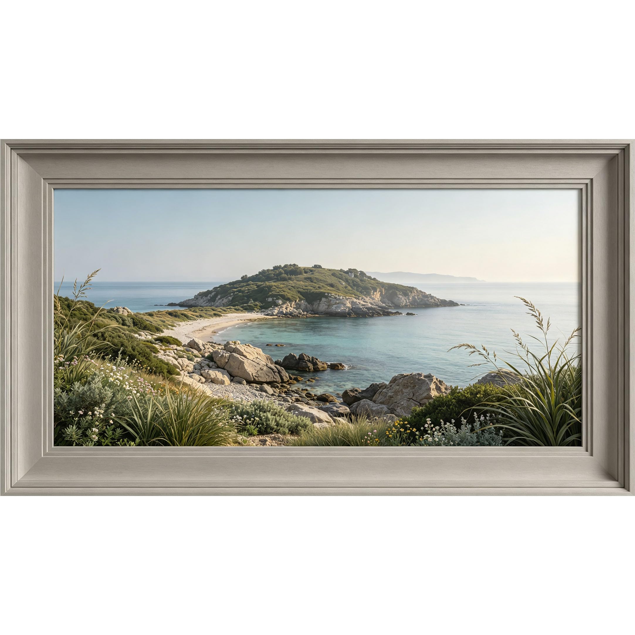 QZLITHOTIC 50x90cm3D Framed Wall Art， Coastal Landscape Ocean View with Rocky Shore and Green Hills Self‑Adhesive Mural， Water‑Activated Peel & Stick Fabric Decor Wall Decal for Bedroom Living Room