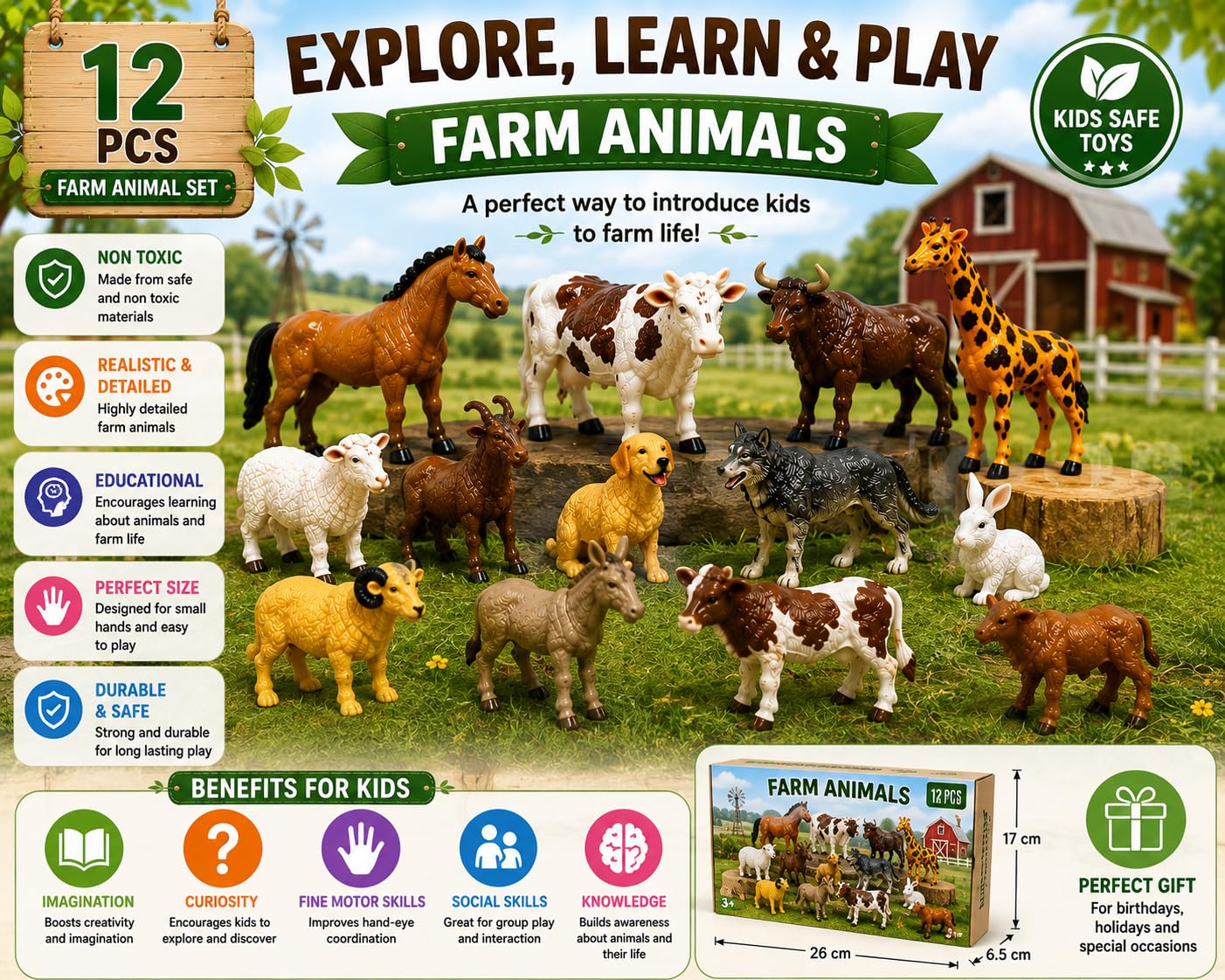 Brand Conquer Farm Animal Toys for Kids, 12 Pcs Realistic Farm Animal Figures Set, Non-Toxic Plastic Learning Toys for Boys & Girls, Educational Montessori Animal Playset, Birthday Gift for 3+ Years — Amazon image 8