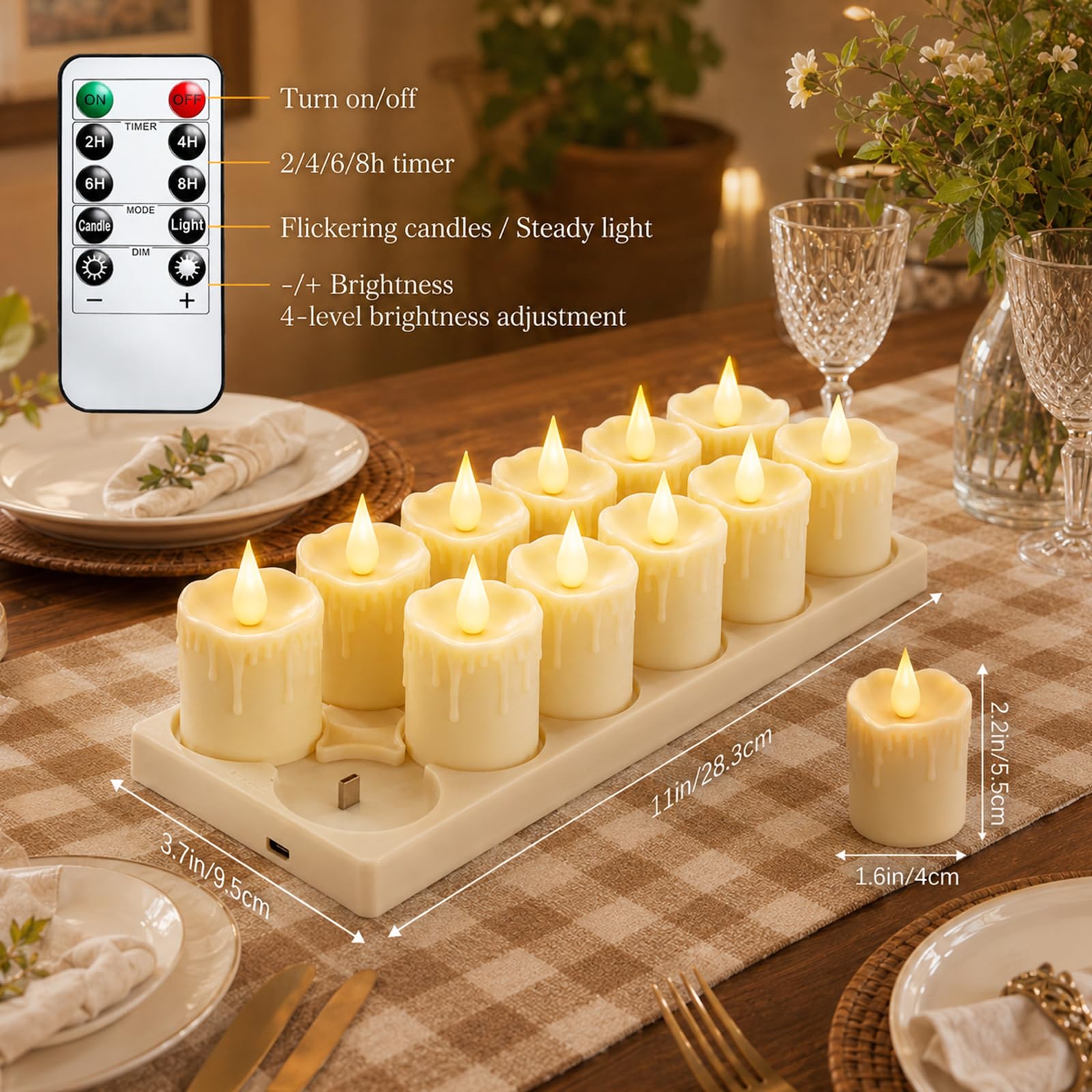 12 Stück Wiederaufladbare LED Teelichter mit Ladestation & Fernbedienung, Elfenbein Timerfunktion Flammenlose flackernde Kunststoff, für Party Zimmer Halloween Weihnachten Deko （200 Std. Laufzeit）