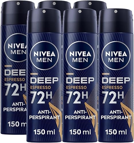 NIVEA MEN DEEP Espresso Anti-perspirant Deodorant Spray, 150ml, Pack of 6