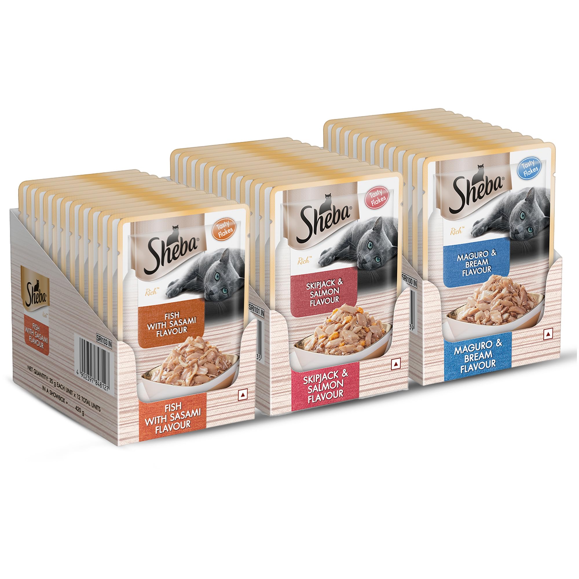 Sheba Rich Premium Wet Cat Food - Fish with Sasami, 12 Pouches (12 x 35g), Fish Mix- Maguro & Bream Flavour, 12 Pouches (12×35g) & Fish Mix- Skipjack & Salmon, 12 Pouches (12×35g)-image-43