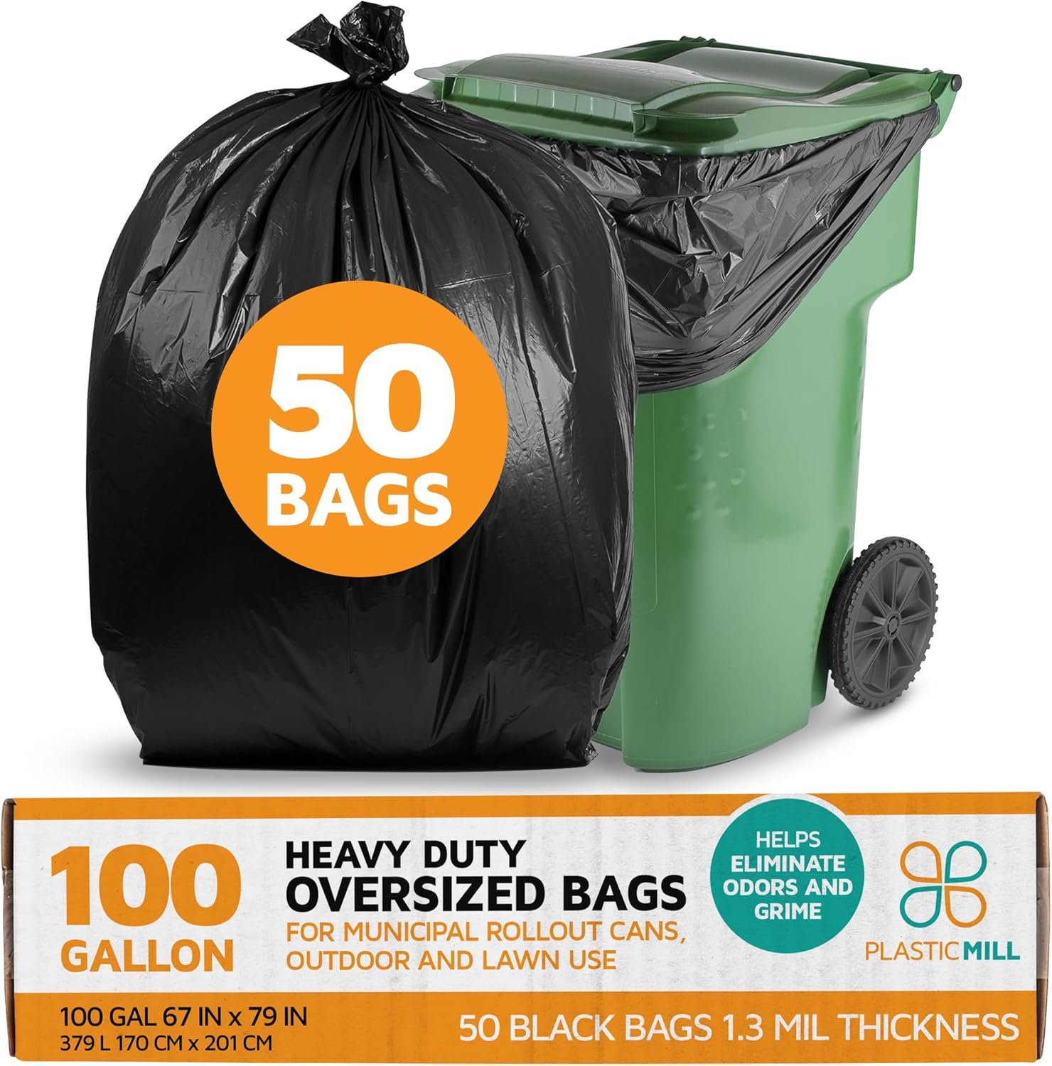 PlasticMill Heavy Duty Trash Bags - Black Garbage Bags - Plastic Trash Bags for Large Rolling Trash Bins - Tall Trash Bags - 100-Gallon Large Kitchen Trash Bags, 1.3 Mil, 67"x79" (50-Count)