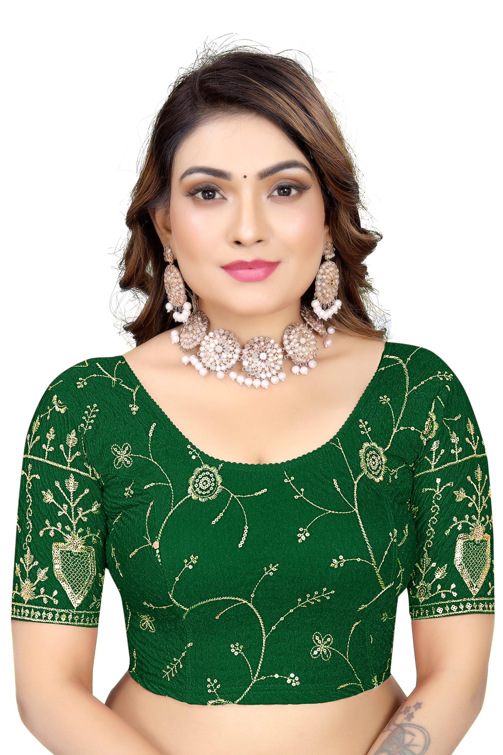 Premium Round Neck Blouse for Women, Elbow Sleeve, Lycra Crush Fabric, Floral Design, Gold Embodery