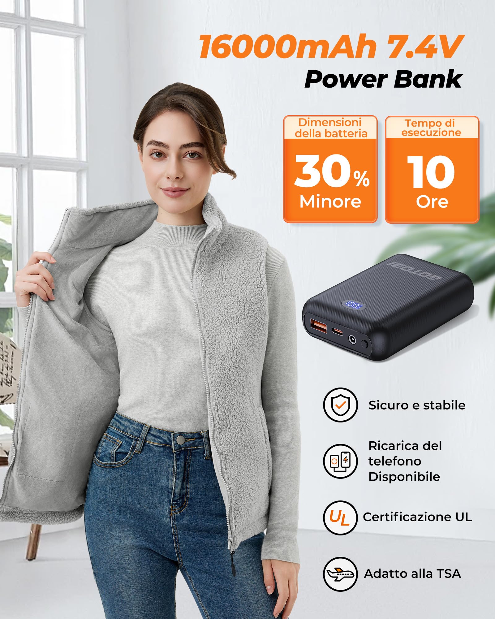 Gilet Riscaldato Donna In Pile Con Batteria Da 16000 Mah, 7,4 V, 9 Zone Di Riscaldamento, Gilet In Pile Riscaldato Con 3 Temperature Regolabili, Per Ciclismo, Lavoro All'Aperto