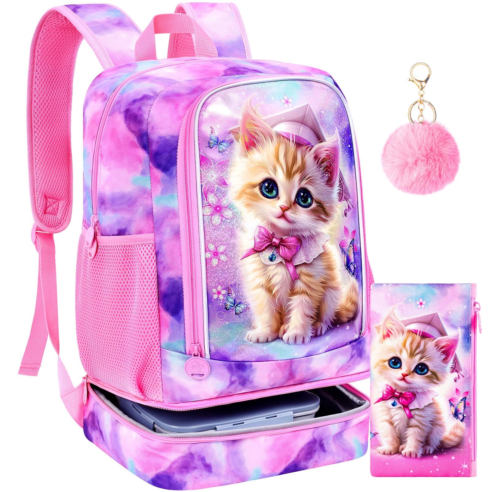 2-in-1 Cat Bookbag for Girls, 17" Kids Backpack Set with Built-in Bottom Lunch Compartment and Pencil Bag, Water-Resistant School Bag for Elementary Preschool Toddler