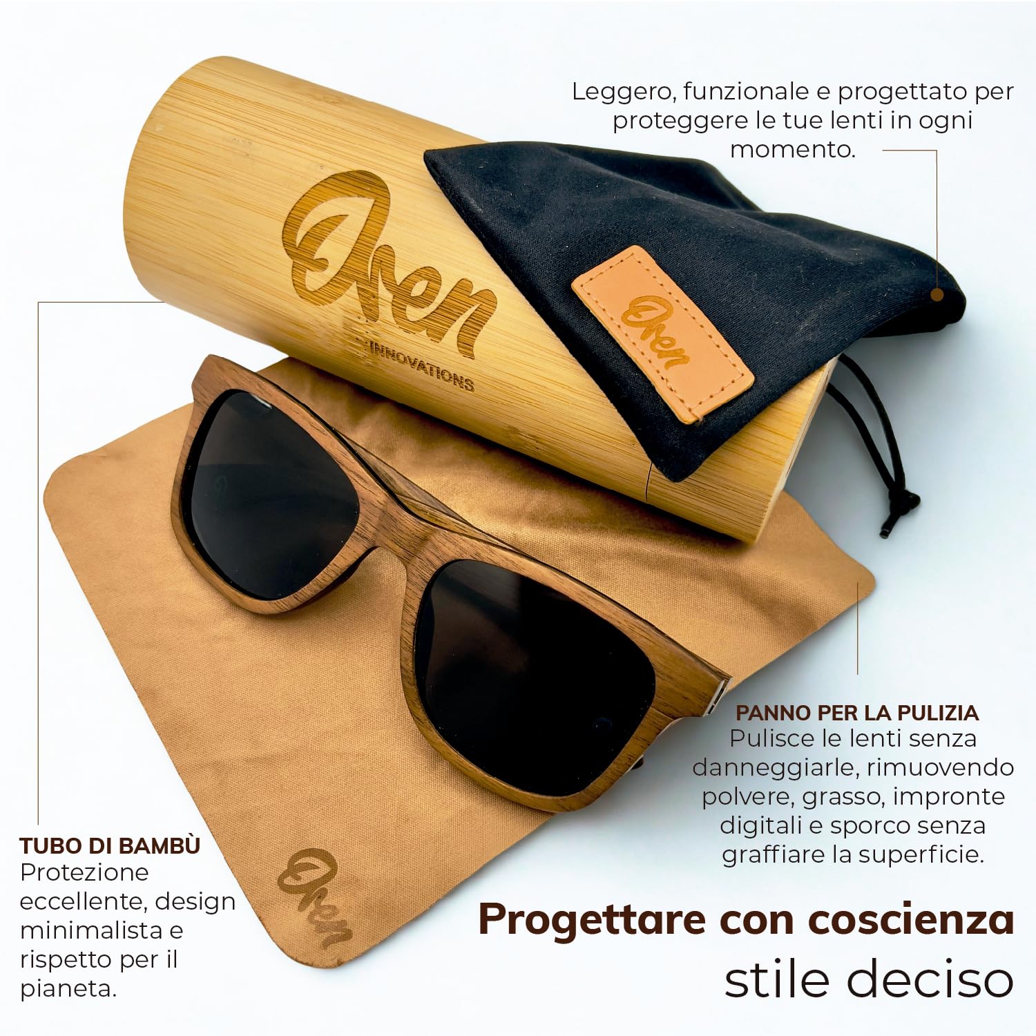 Oren Innovations - Occhiali da Sole Uomo Donna Polarizzati UV400, Galleggianti in Vero Legno Multistrato, Ultraleggeri con Cerniere a Molla, Ideali per Mare, Barca, Pesca, Kayak e Outdoor