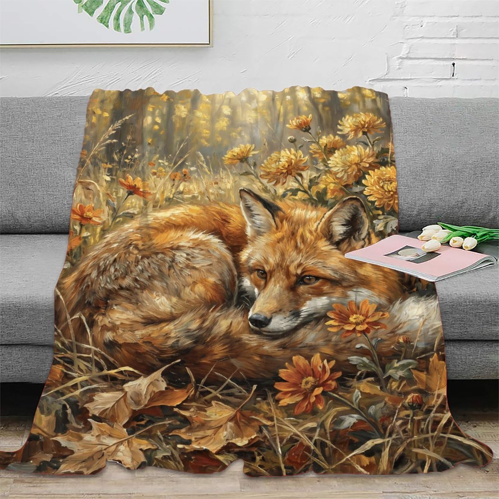 H3B8U2Y5 Autumn Fox Flower Field Blanket, Woodland Animal, Bed