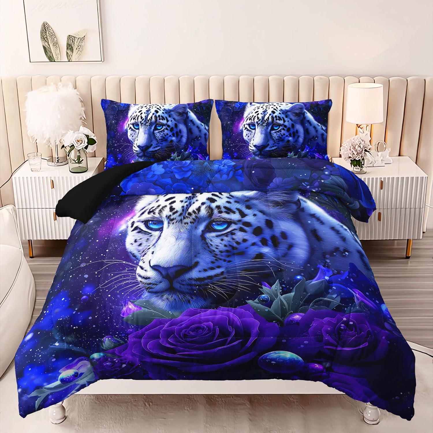 AILONEN Queen Size Snow Leopard Comforter Set - Blue Eyes & Purple Rose Microfiber Bedding, Starry Night & Wild Cat Design with 2 Pillowcases for Boys Girls Room, Teenagers