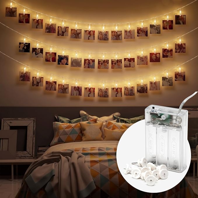 CozyHome Luces led pilas colgar fotos - 30 LED con pinzas & 5 metros de longitud I Temporizador a con pilas I Guirnalda luces interior Luces decorativas habitacion I Fairy lights decoracion Luz led