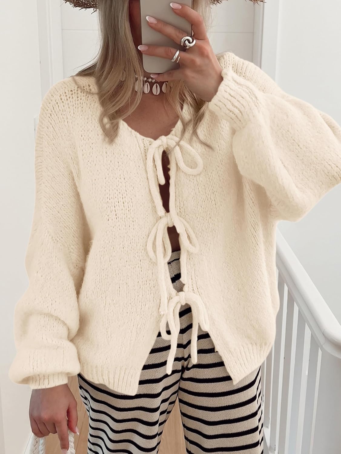 MASCOMODA 2025 Bow Tie Front Cardigan Sweaters for Women Fall Winter Oversized Long Sleeve Open Front Chunky Sweater Coats - Image 2