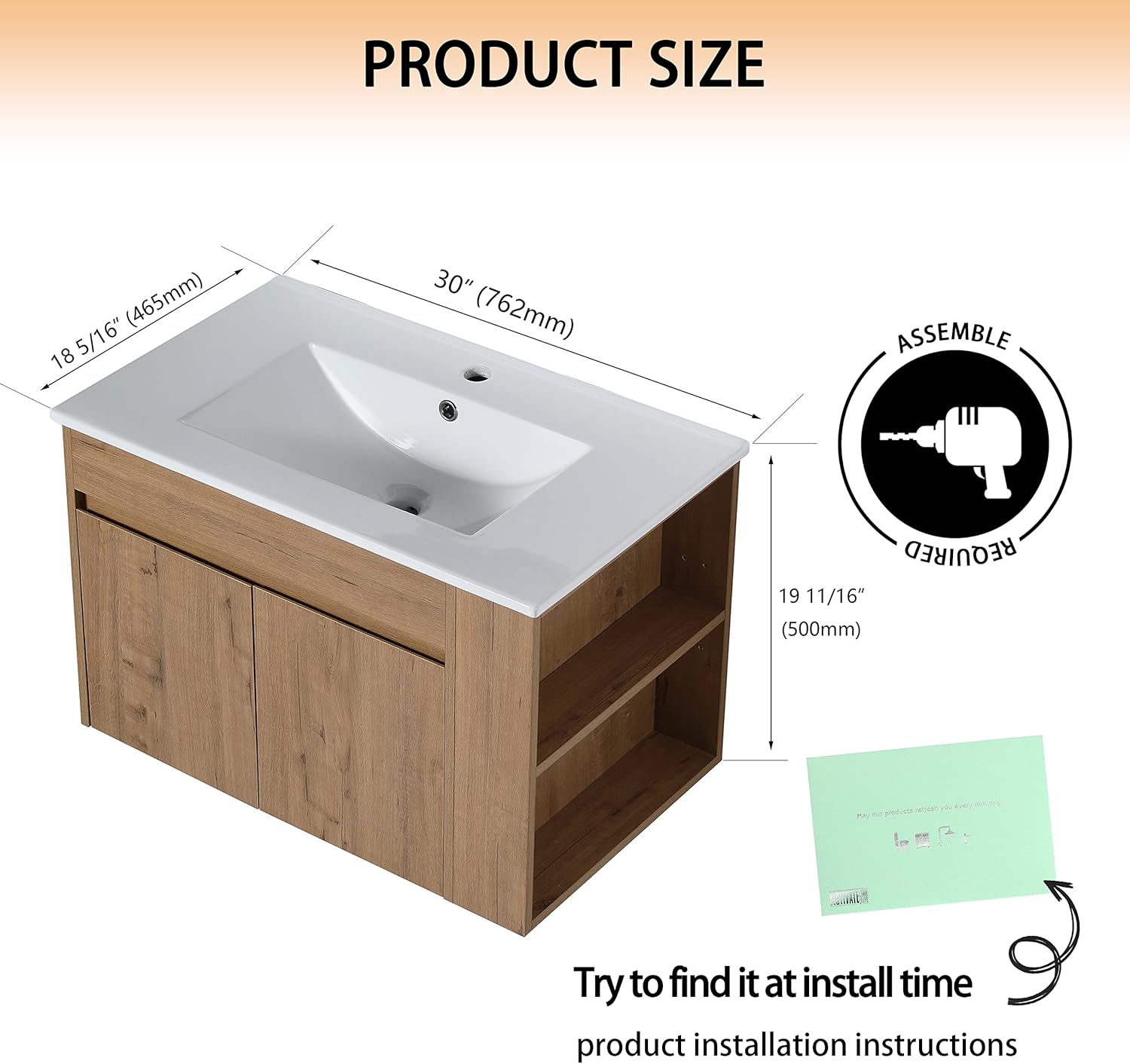 30" Bathroom Vanity with Sink, 30 Inch Floating Bathroom Vanity, Modern Bathroom Vanity, Brown Wall Mounted Cabinet Set