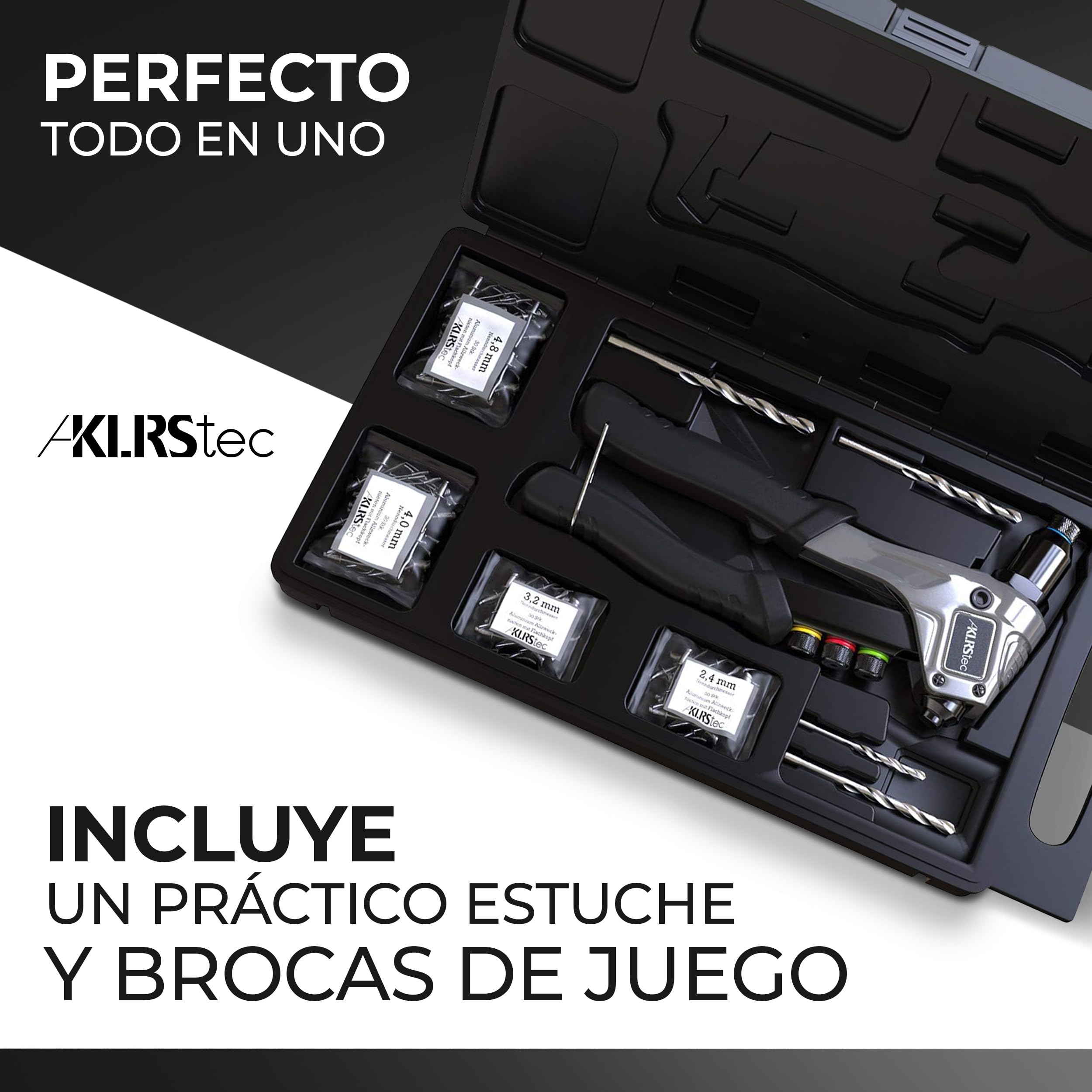 KLRStec® Remachadora manual profesional | pistola remachadora con resistente cuerpo de acero y mango antideslizante de TPU | Juego de remachadora profesional que incluye 120 remaches y 4 brocas HSS