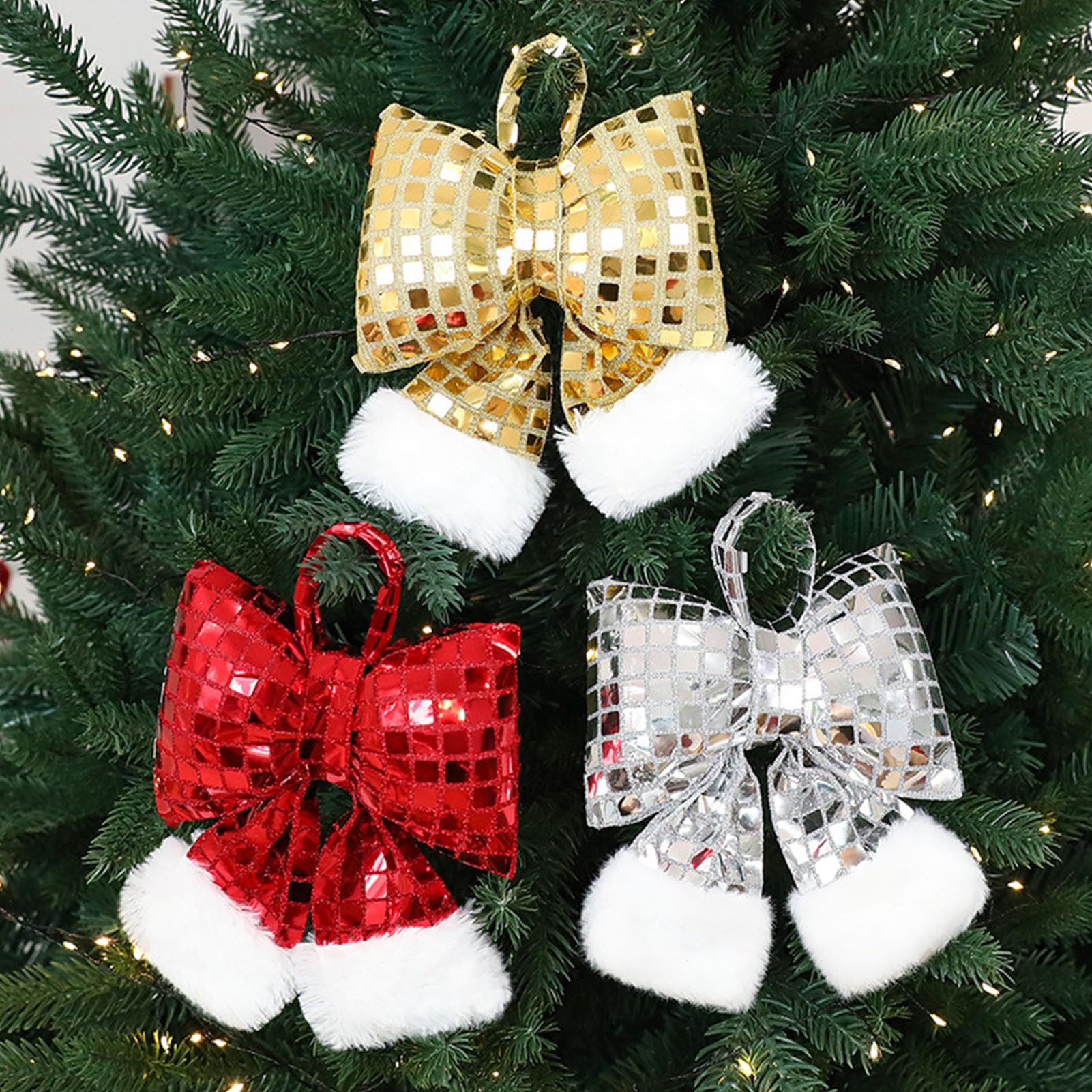 3 Lazos navideños de Lentejuelas: Adorno para Coronas, Paredes, Habitaciones y Fiestas. Adornos navideños para el hogar (Rojo).