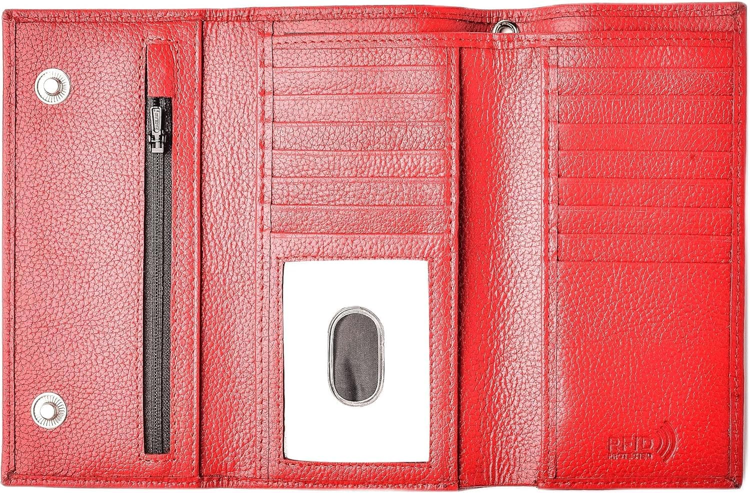 Genuine Leather Long Wallet for Men, Trifold & Checkbook, RFID Blocking, Multiple Card Slots, Zipper Coin Pocket - Design in USA (J212C-HO, Red)