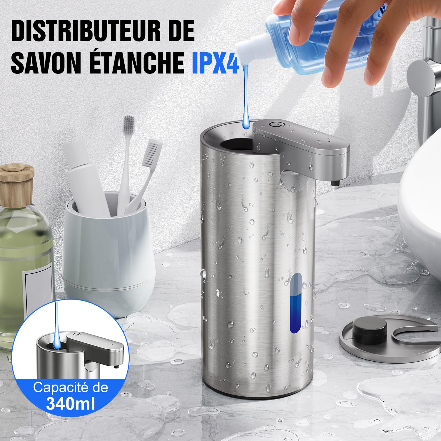 Fantictas Distributeur de savon automatique sans contact, en acier inoxydable, 3 niveaux, réglable à 3 niveaux, avec pompe à capteur rechargeable, pour savon liquide de cuisine et de salle de bain
