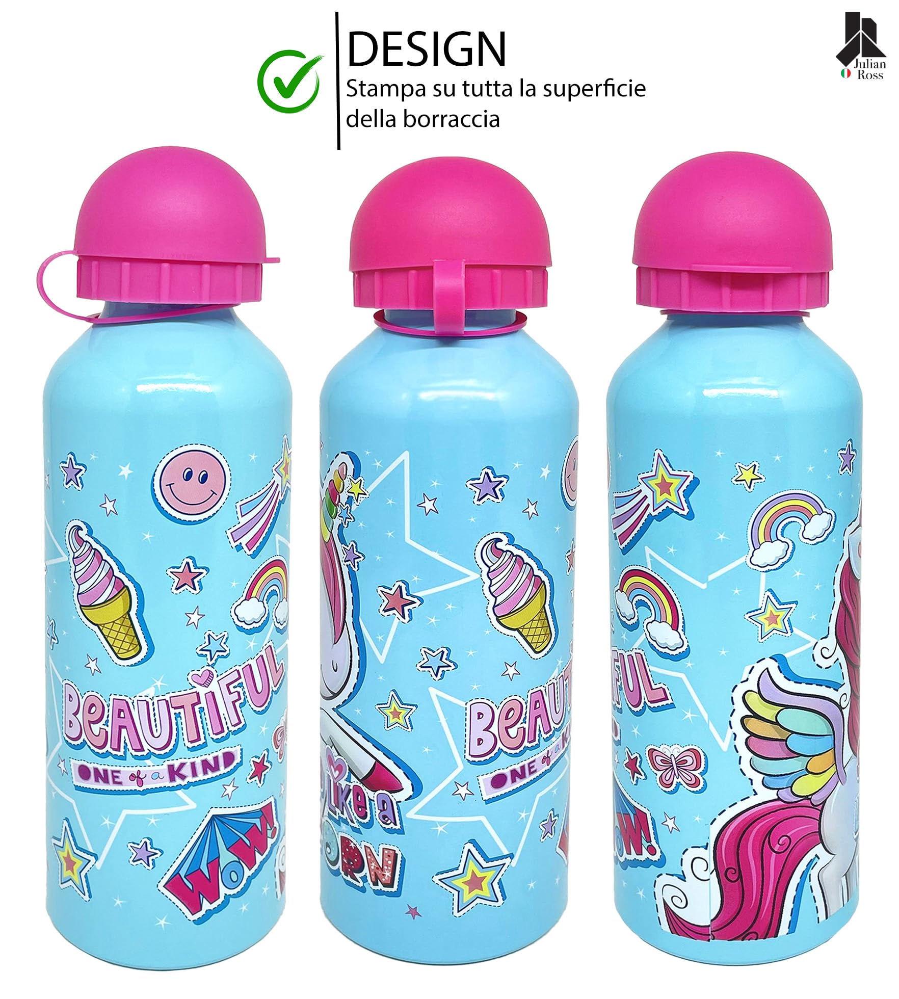 Julian Ross Gourde Licorne 500 Ml – Aluminium Sans BPA – Bec Rétractable – Étanche – Idéale Pour L’École Et Les Sorties