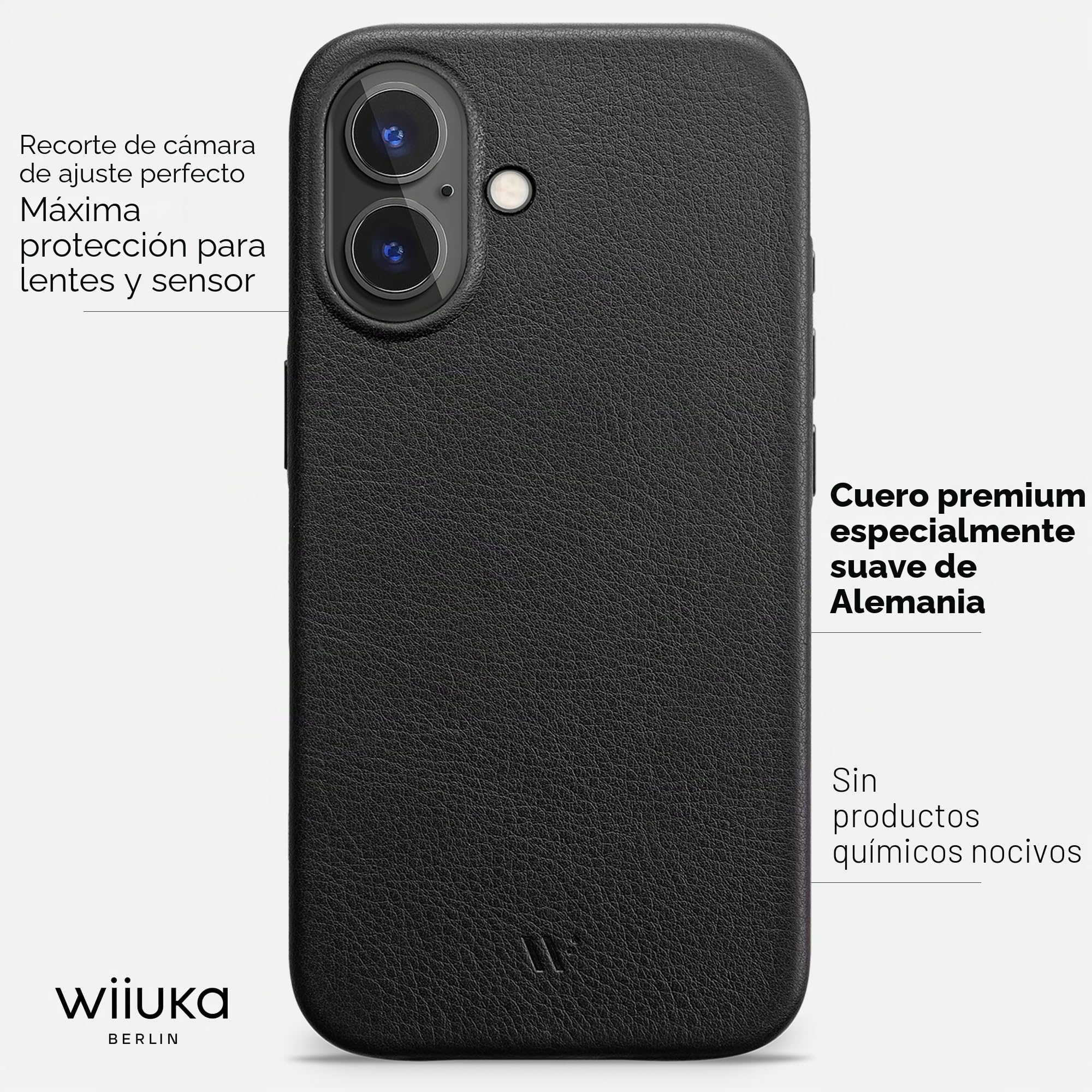 WIIUKA Funda para iPhone 17, piel de Alemania, funda de piel extrafina, funda premium para teléfono móvil, funda para teléfono móvil Qi, skiin, color negro