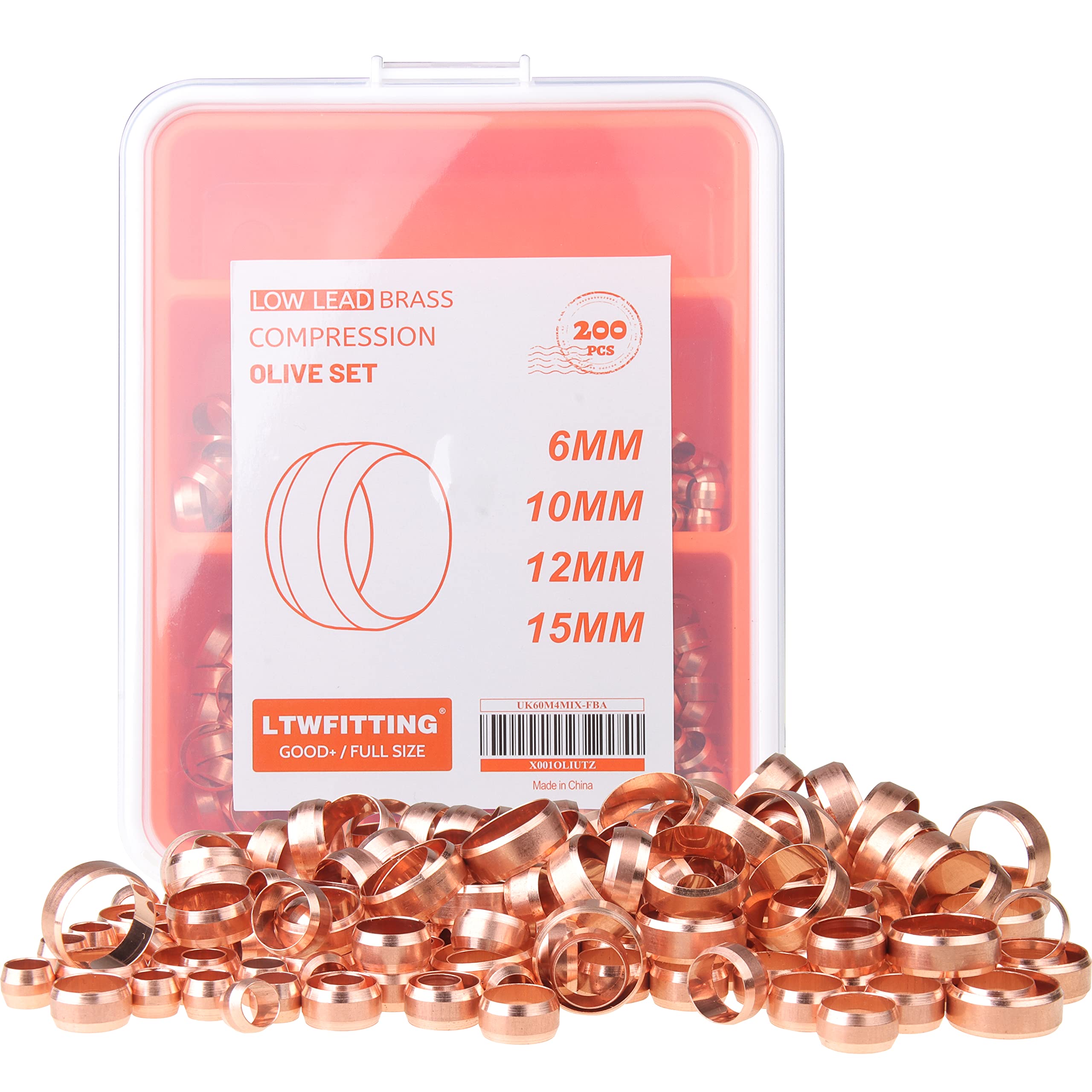 LTWFITTING Assortment Kit 6 10 12 15 MM OD Brass Olives Compression Sleeve Set (Pack of 200)