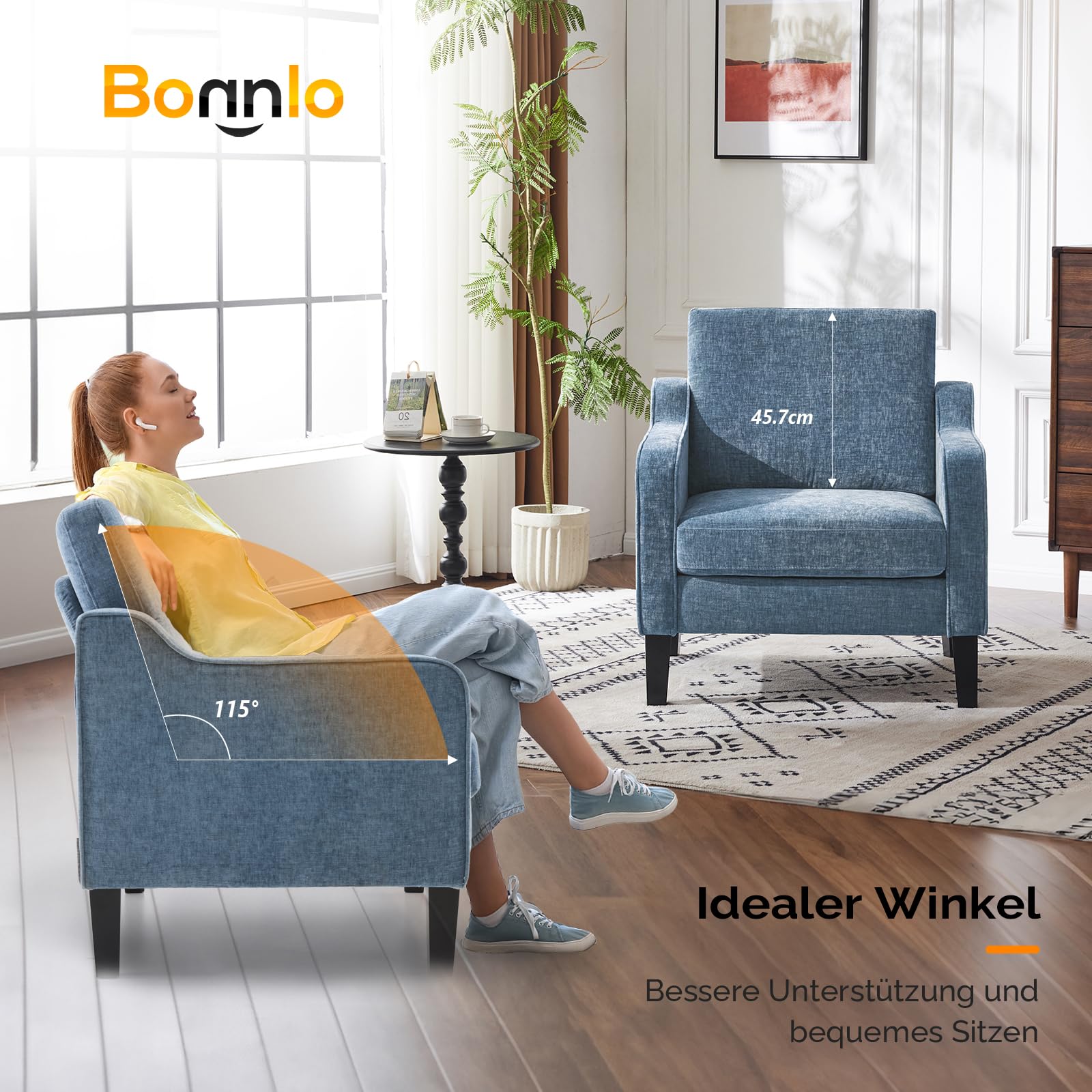 Bonnlo Sessel, Loungesessel aus Chenille, Polstersessel mit Armlehnen und Holzbeinen, Ohrensessel für Wohnzimmer,Schlafzimmer,Relaxsessel Fernsehsessel 76 x 78 x 84 cm,Komfort (2, blau)