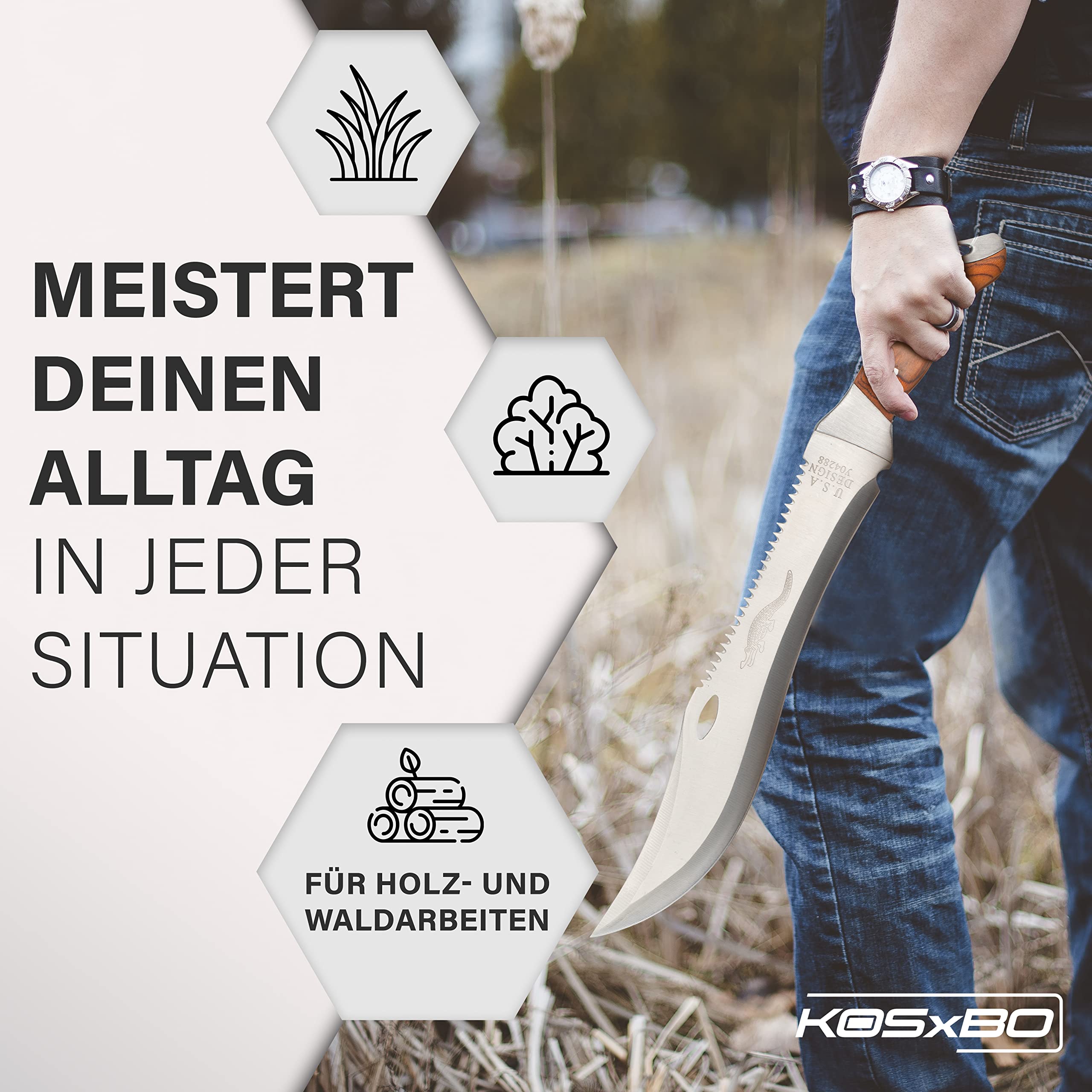 KOSxBO® große Machete mit Säge - Buschmesser - USA Crocodile Dundee Messser - 44,7cm lang - Survival - Freizeitmesser - Outdoor - Jagd - Macheten, braun Silber