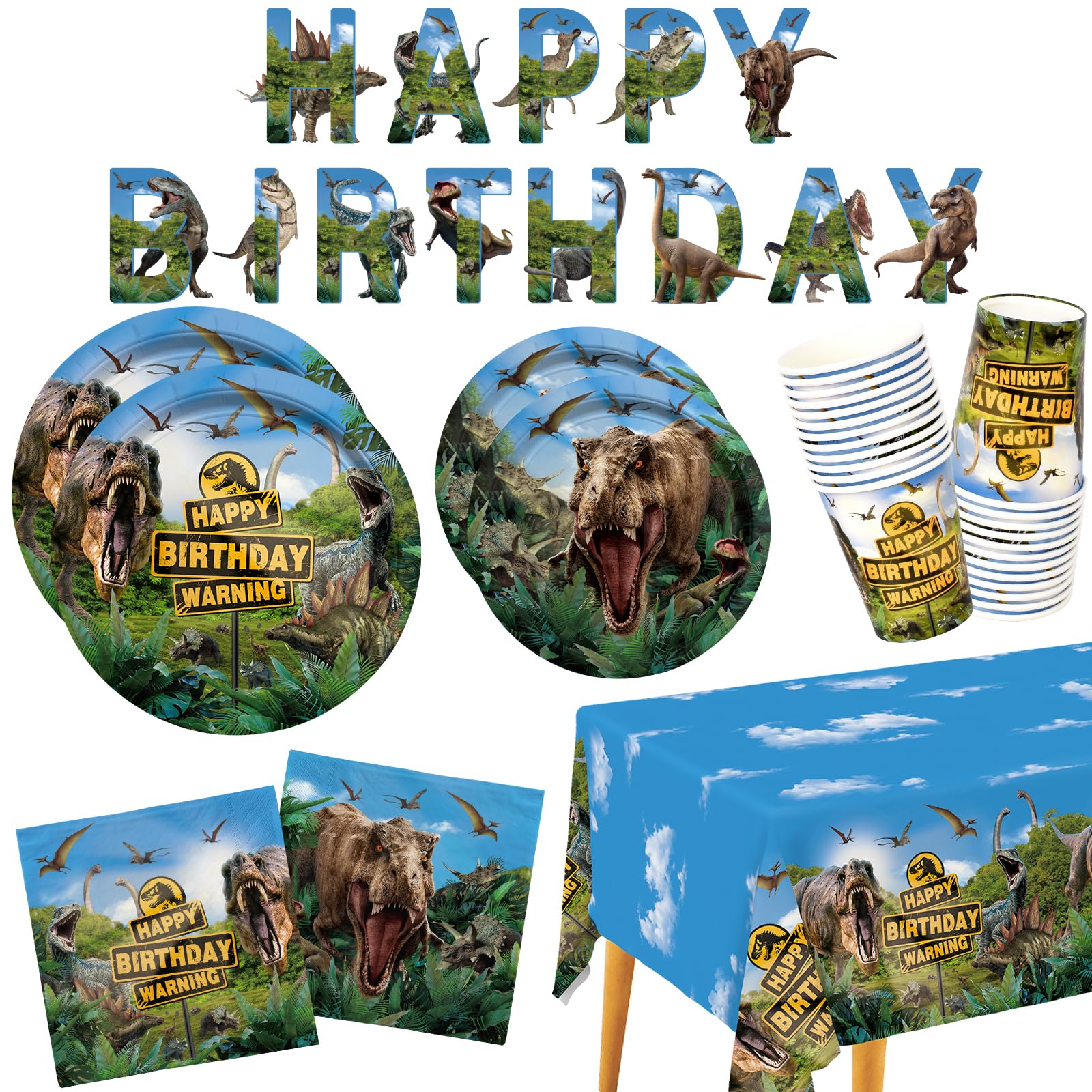 Dinosaur Birthday Party Supplies Disposable Paper Plates Napkins Cups Tablecloth and Banner for Dinosaur Party Decorations , Serve 25