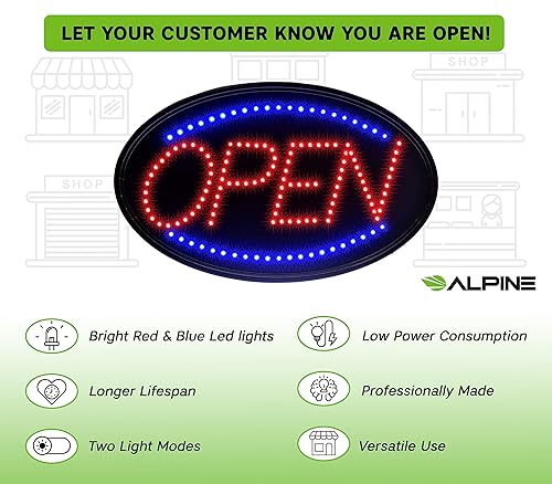 Miniatura 7 de Alpine - Letrero LED abierto para ventana de negocios, intermitente y estable, brillante, de alta visibilidad, letrero abierto para colgar en