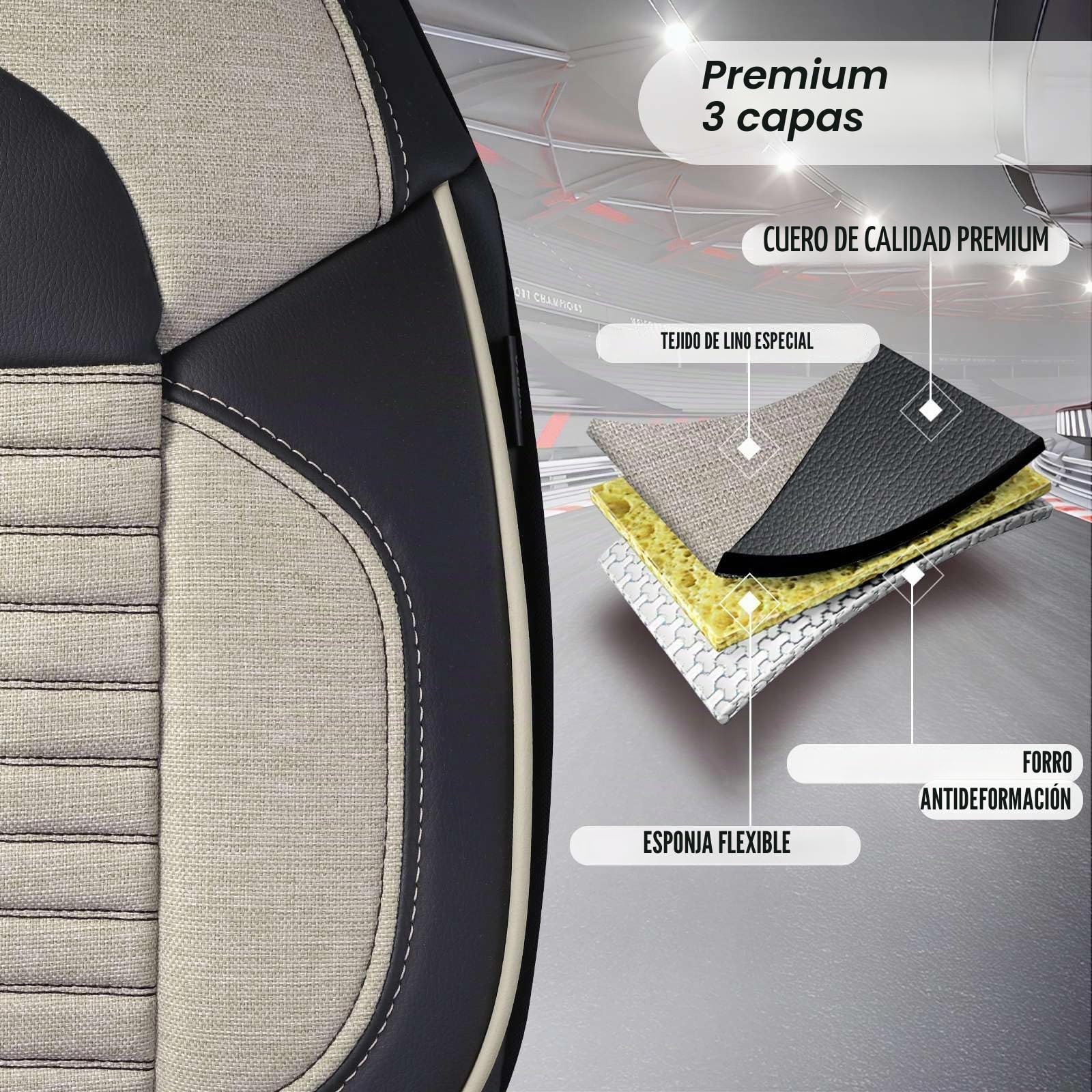 Fundas de Asiento Camper en Lino, compatibles Fiat Ducato, Citroën Jumper, Peugeot Boxer, Asientos Delanteros Conductor & acompañante, Camper & Caravana, Arena-Negro