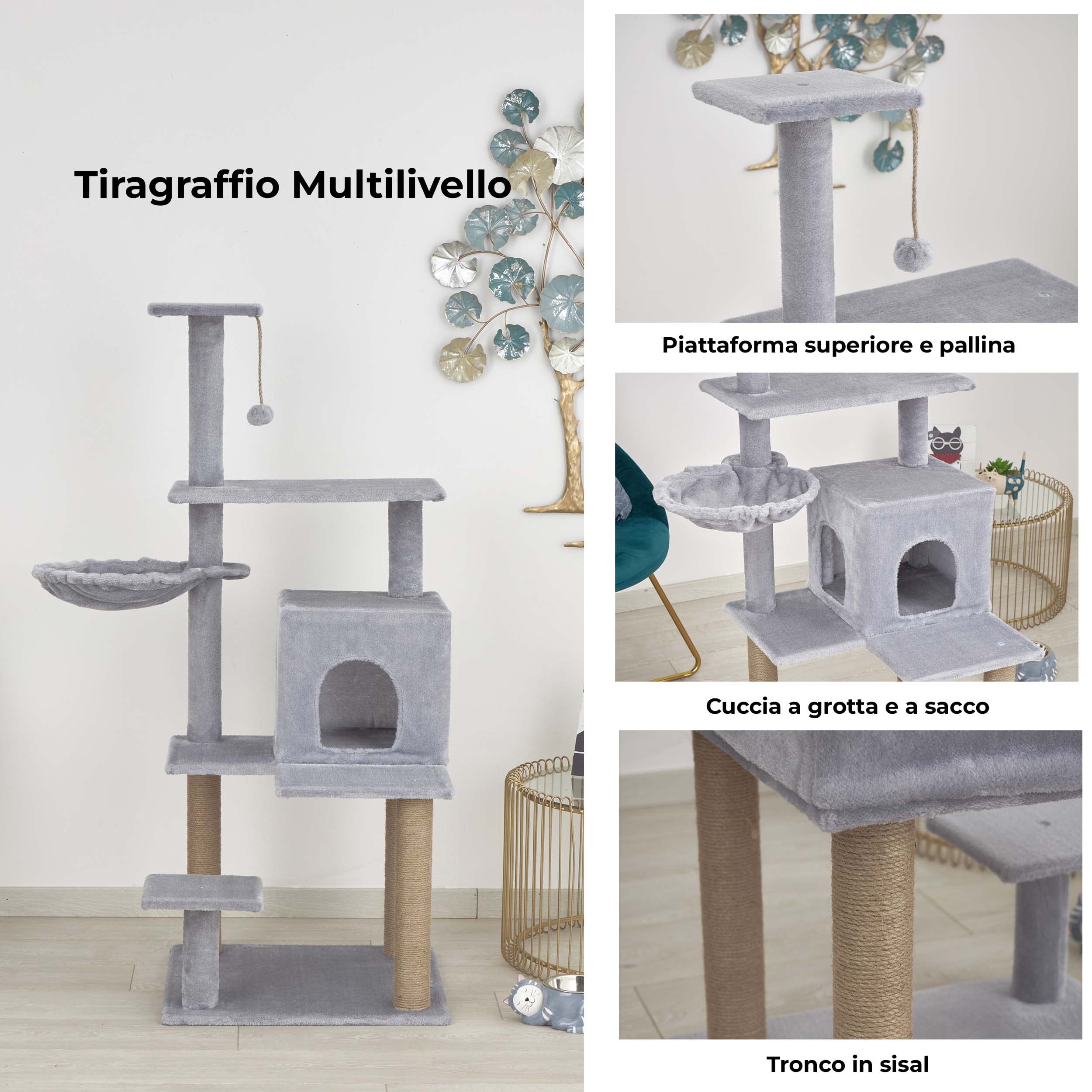 Baroni Home Tiragraffi ad Albero per Gatti, Tiragraffi per Gatti e Gattini, 4 Piani con Palla, Amaca e Cuccia Rettangolare, 45x45x122 cm, Grigio