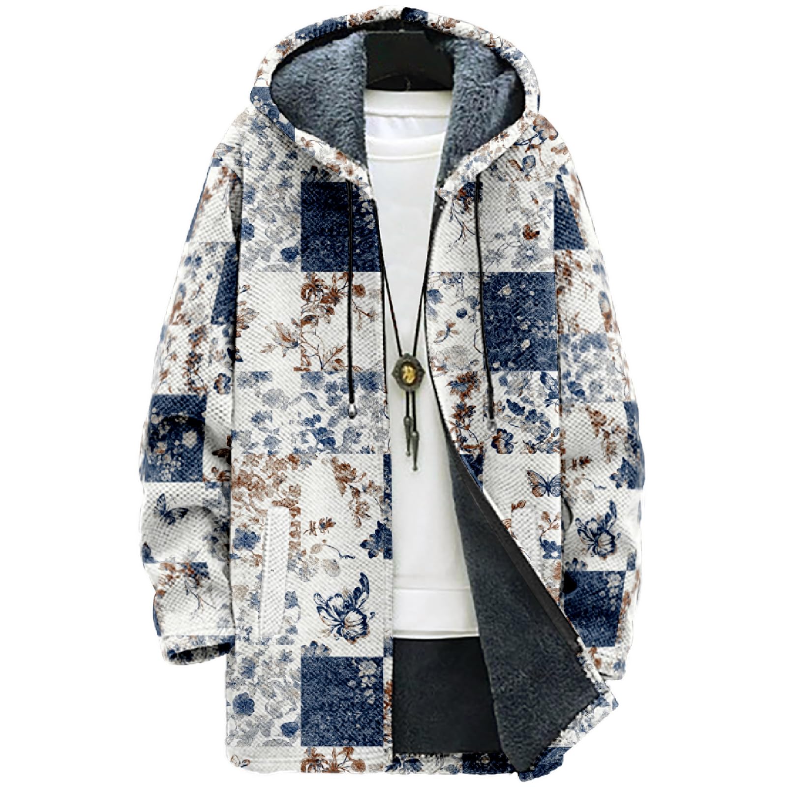 MARSVOVO Retro Patchwork Long Hooded Cardigan for Men Casual Stylish Fleece Lined Zip Up Hoodies Spring Fall Warm