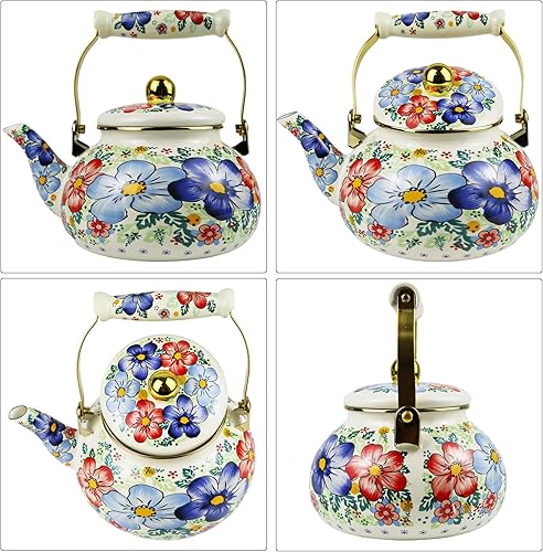 Miniatura 8 de Hervidor de té esmaltado de 2.5 L, tetera bohemia con flores azules, elegante hervidor de agua caliente esmaltado de acero retro, diseño clásico
