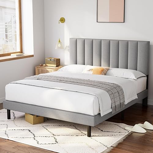 Miniatura 7 de Molblly Base de cama tamaño King tapizada con cabecero y listones de madera fuertes, base de colchón, antideslizante, no necesita somier, fácil