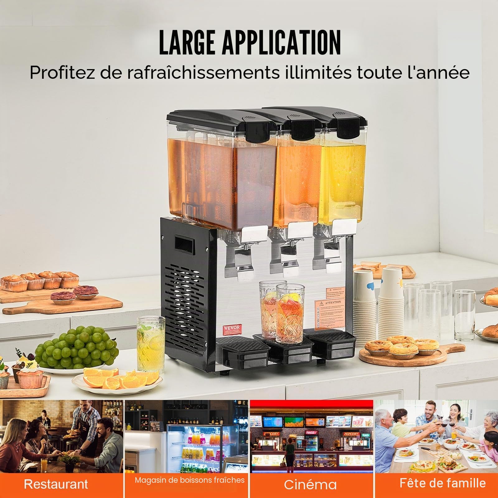 VEVOR Distributeur de Boissons Commercial 3 Réservoirs de 10 L, Fontaine à Eau 440 W, Distribution de Jus Limonade Thé Glacé, Température de Refroidissement 7-12 ℃, pour Restaurant, Hôtel, Café
