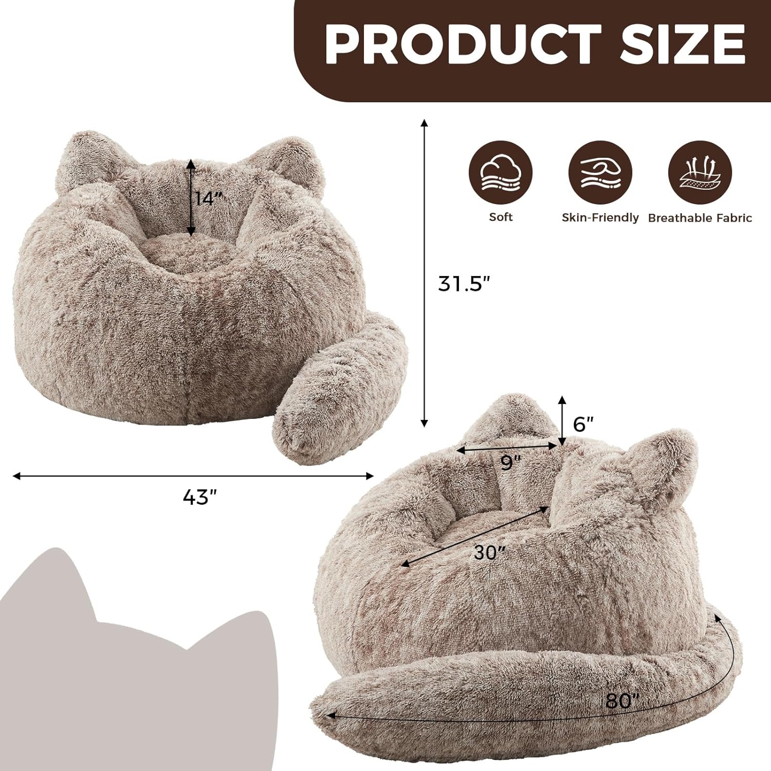 EBENCHICO Bean Bag Chair for Adults Teen,Giant Bean Bag Chairs Cat Design,Plush Faux Fur Beanbag Couch Comfy Accent Floor Sofa for Reading, Playing, Relaxing in Living Room, Bedroom