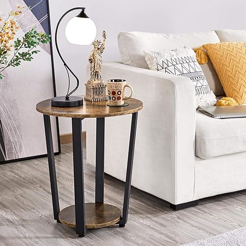 Miniatura 2 de Topeakmart Mesa auxiliar industrial con estante de almacenamiento, mesa redonda pequeña con estante de almacenamiento, mesa auxiliar de metal para