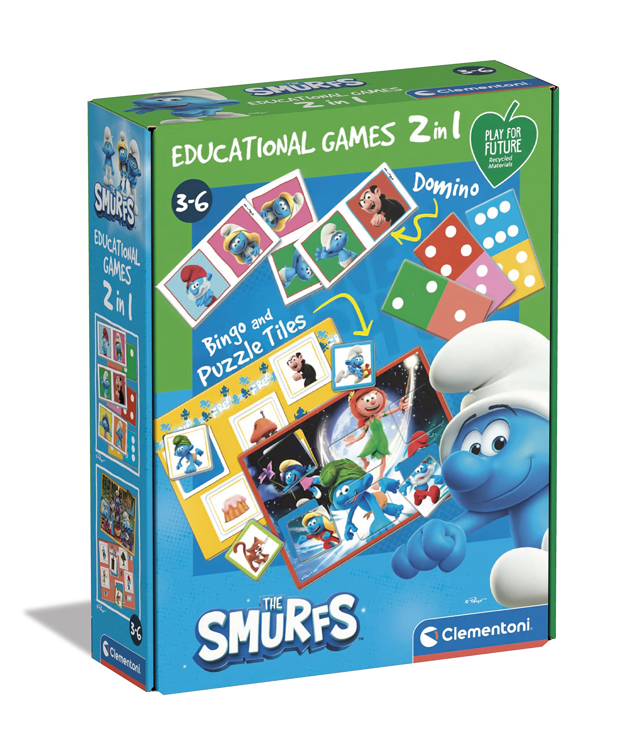 Clementoni Gioco Educativo 2 In 1 I Puffi, Domino E Tombola Delle Immagini, Per Bambini Da 3 Anni, Multilingua, Made In Italy
