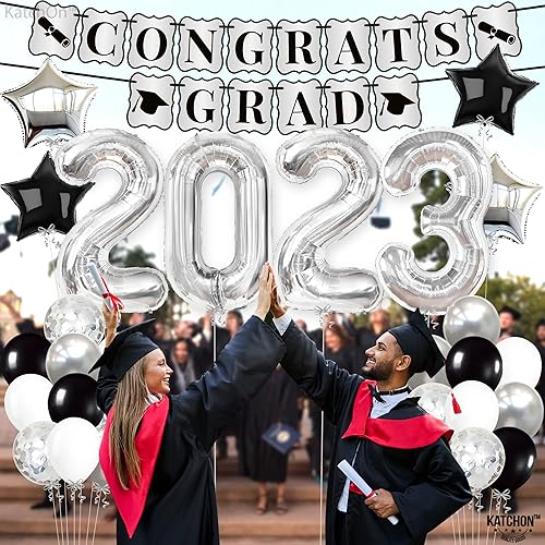Miniatura 6 de KatchOn, Decoraciones de fiesta de graduación plateadas 2023 – Gaint de 40 pulgadas, paquete de 43 | Cartel de graduación de felicitaciones en
