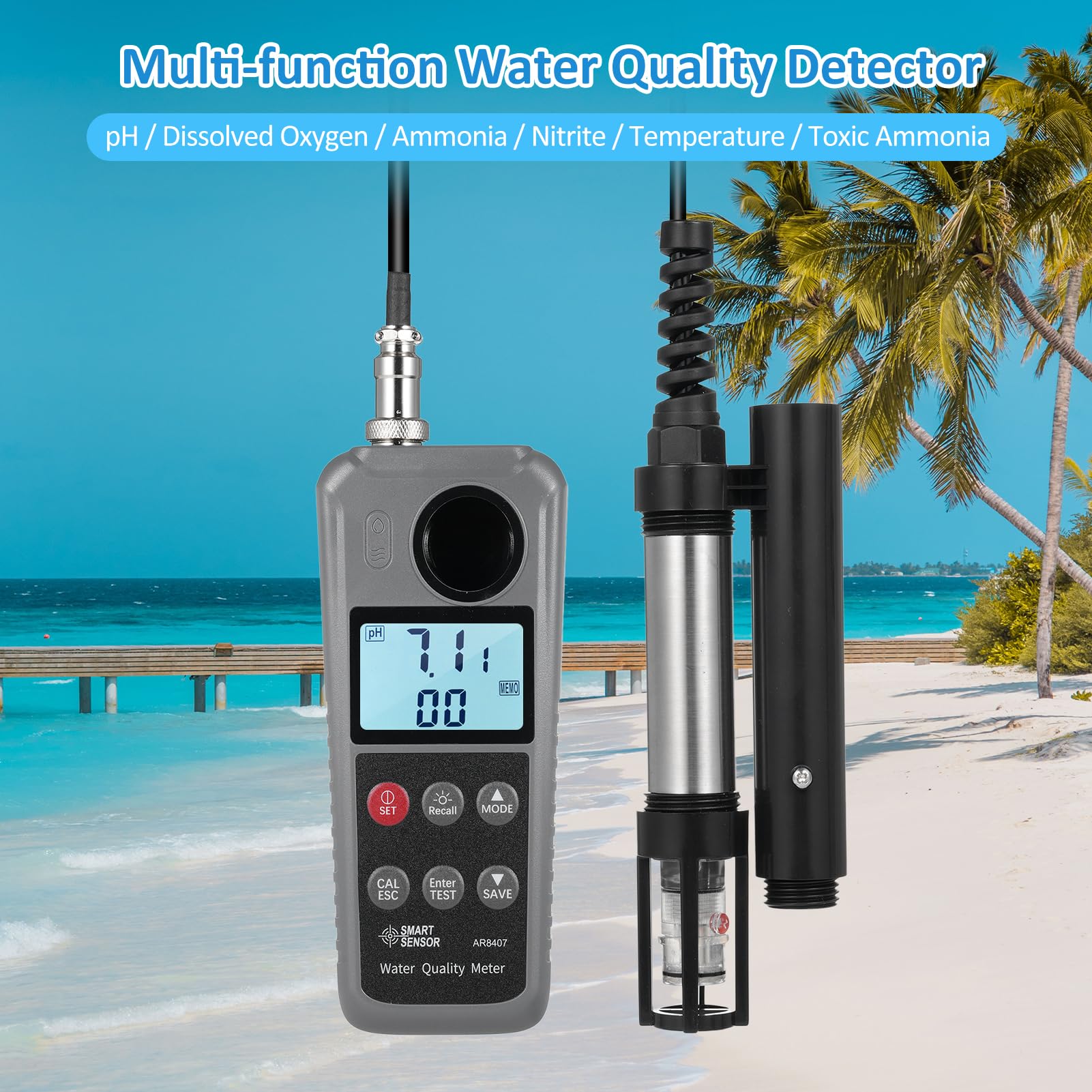 6-in-1 Digitaler Tester for gelösten Sauerstoff, Wasserqualitätsdetektor, pH-Wert, Temperatur, Ammoniak, Stickstoff Handtester