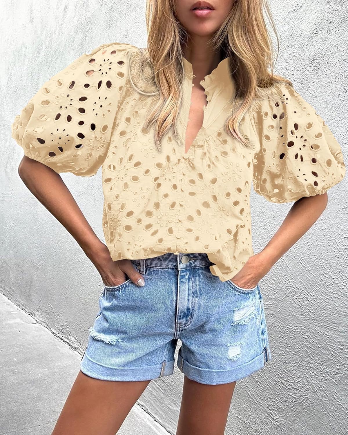 PRETTYGARDEN Women's Summer Tops 2026 Dressy Casual Short Sleeve V Neck Buttons Hollow Eyelet Lace Embroidered Blouses Shirts - Image 8
