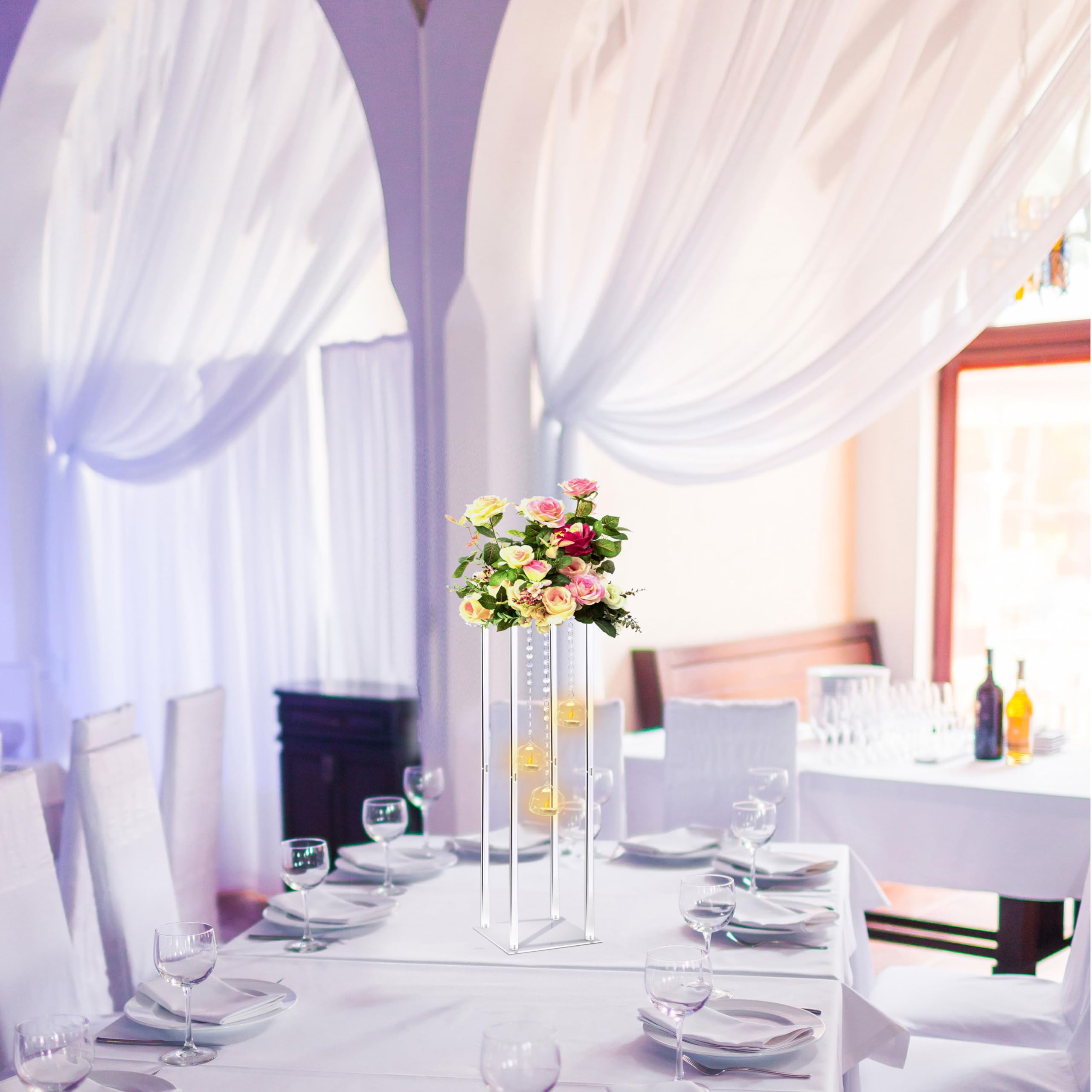 Clear Acrylic Vases Flower Stand Wedding Centerpieces with Hanging Glass Tealight Globe Candle Holders for Event Party Table Decoration Display Rack Column (2, 24 inch)