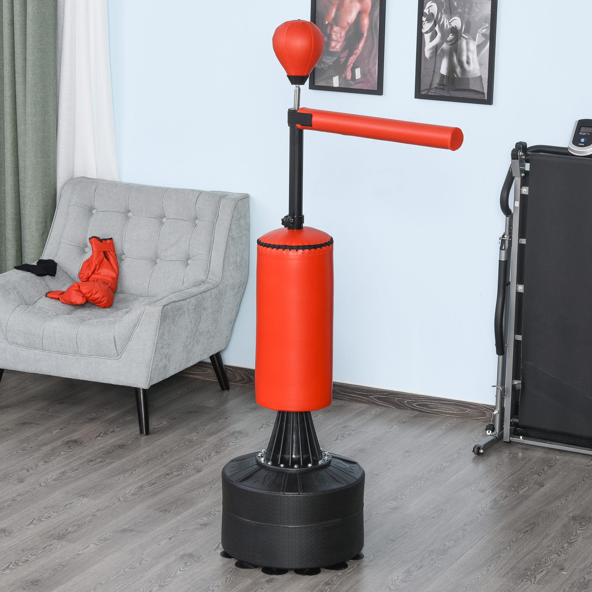 HOMCOM Sacco da Boxe ad Altezza Regolabile con Punching Ball, Base Riempibile e Asta Rotante, Sacco da Terra in PU, EPE e HDPE, 88x48x155-205 cm, Rosso e Nero