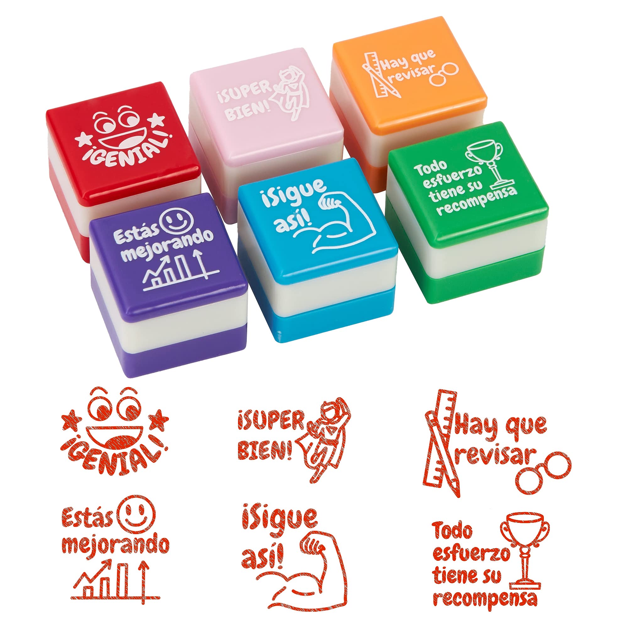 Set de 6 Sellos Cuadrado Motivacionales para Regalo Profesores y Niños, Infantiles, Colores Variados, Seguros y Duraderos, 25mm x 15mm, para Estimulación y Diversión en el Aprendizaje. (6, Español)