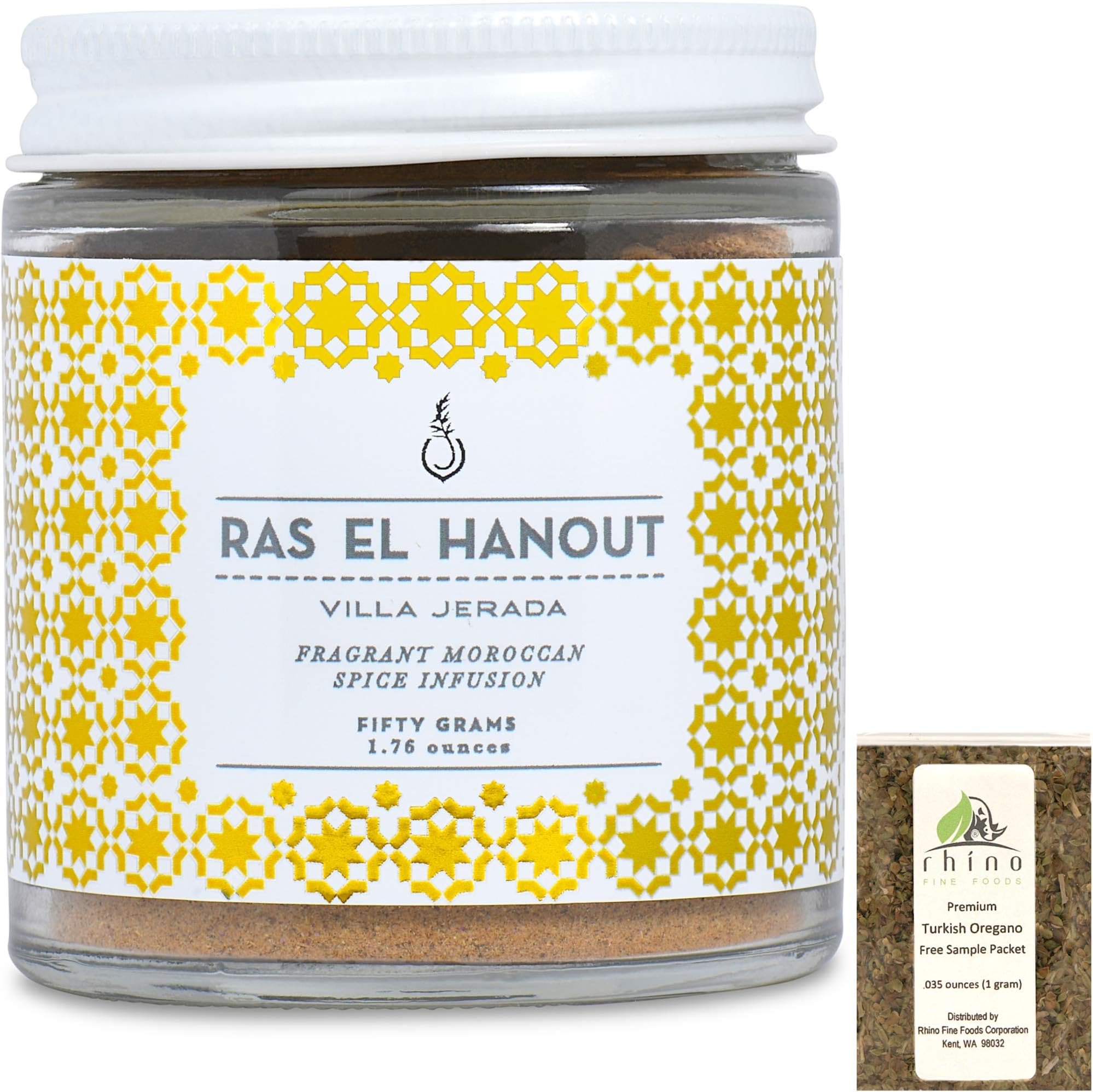 Villa Jerada, Ras El Hanout Premium Seasoning - Ancient Moroccan Spice (Rich, Colorful, Aromatic & Zesty), 1.76 oz (Pack of 1) + Includes-Free Premium Turkish Oregano from Rhino Fine Foods, .035 oz
