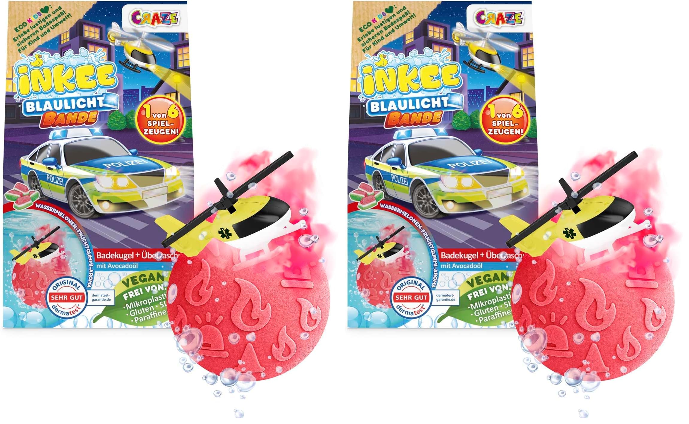 INKEE Rescue Crew Badebombe Kinder mit Überraschung – Badekugeln mit Spielzeug-Rettungsfahrzeug – Badebomben Kinder mit Wassermelonen Duft & Avocadoöl, Geschenkidee Mädchen & Jungen (Packung mit 2)
