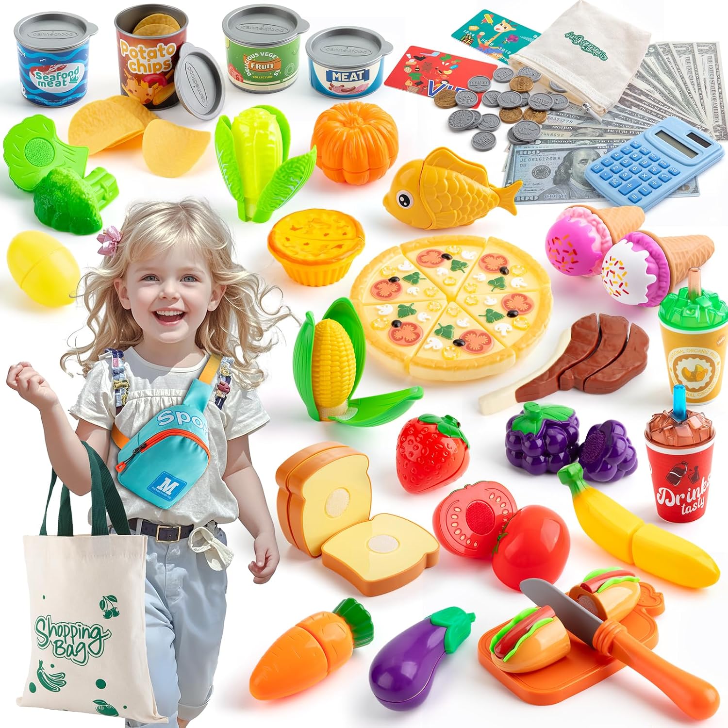 Play Food Sets for Kids Kitchen, 68PCS Grocery Store Toy Food with Shopping Bags Calculator for Kids Toddler Pretend Food with Pizza Veggies Fruits Fake Food Play Kitchen Accessories